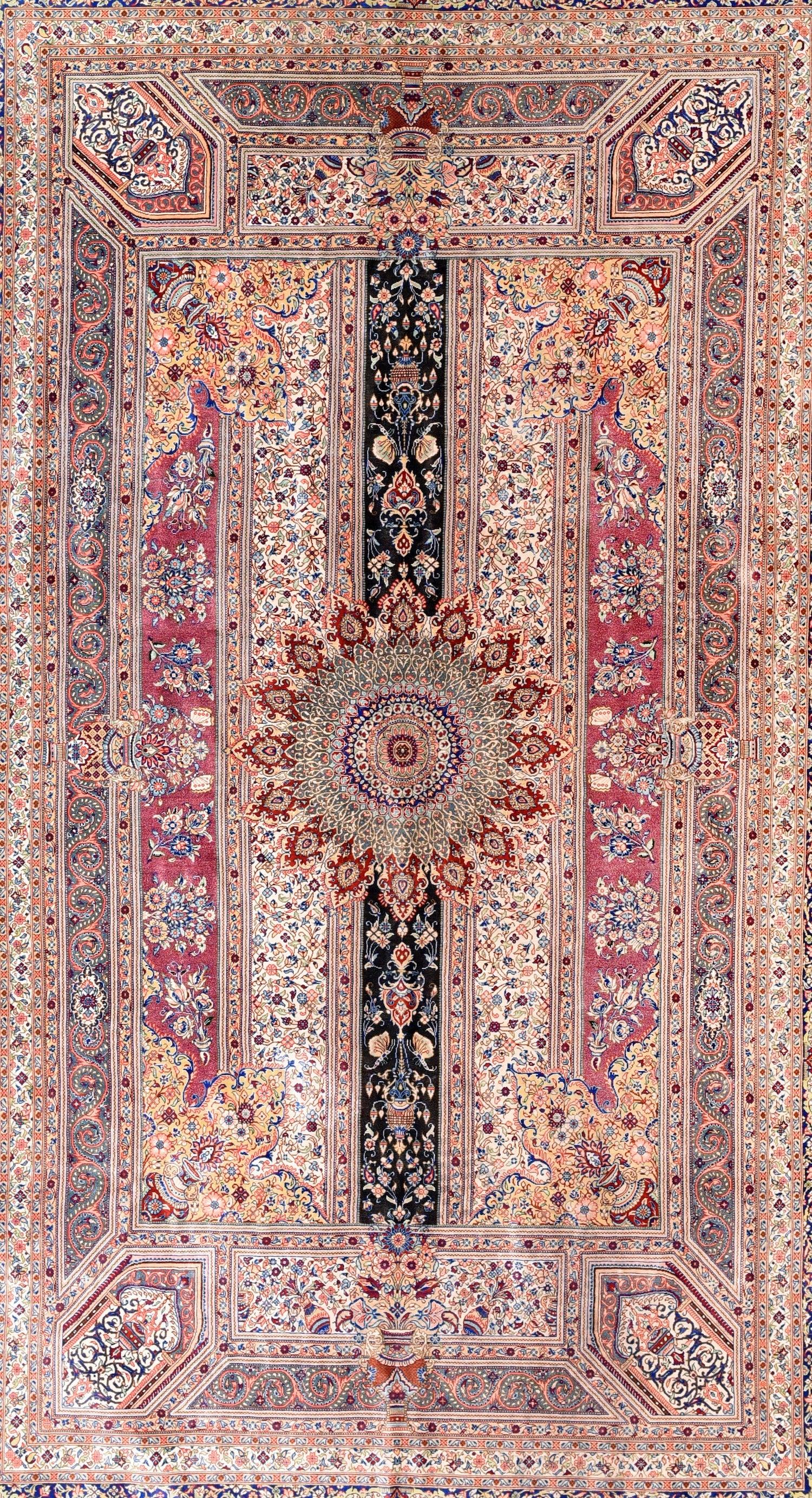 Feiner persischer Qum- Jamshidi-Teppich aus Seide, signiert, 4'4'' x 6'11'' (Persisch) im Angebot