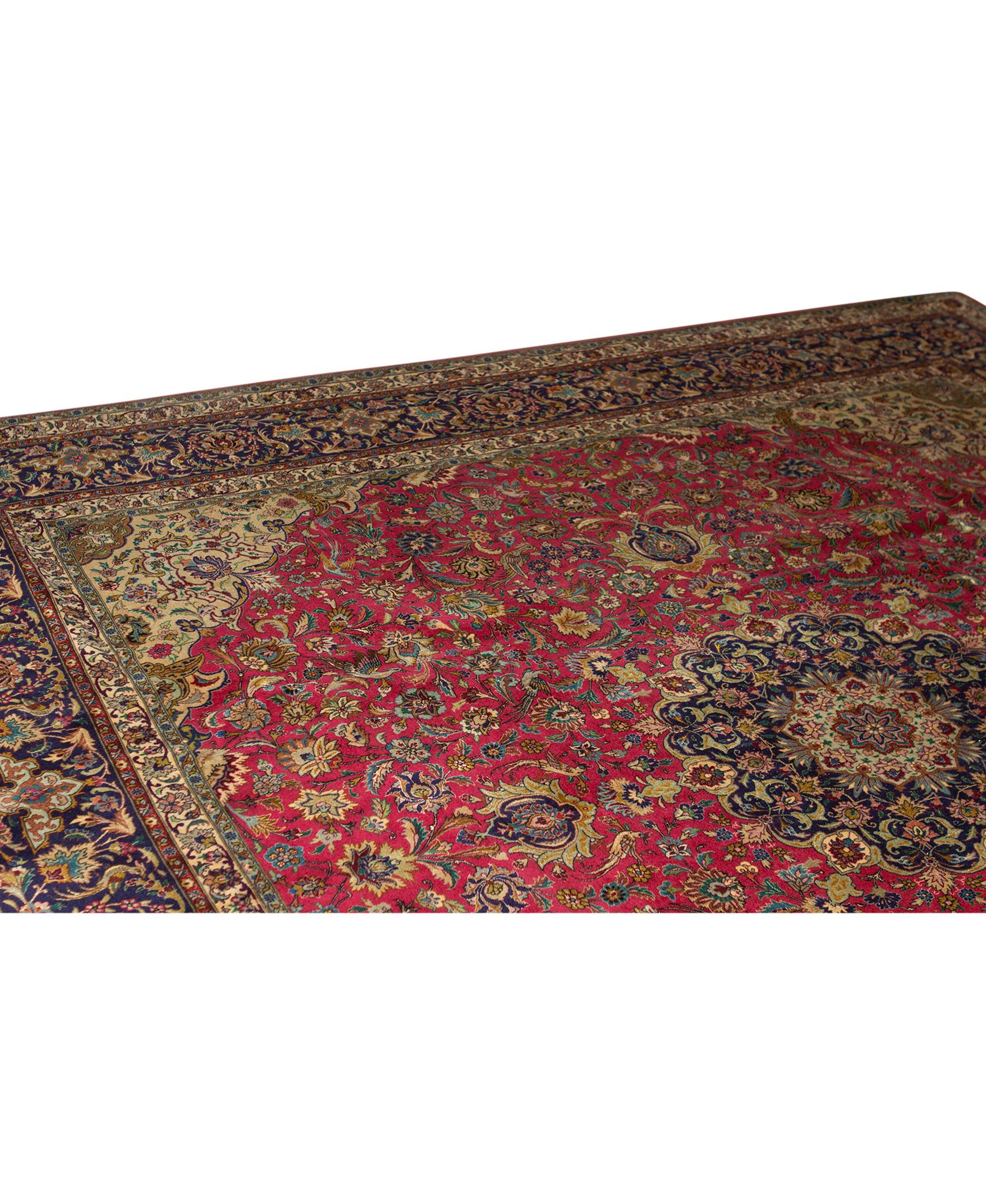 Tabriz Antique Persian Fine Traditional Handwoven Luxury Wool Red / Navy Square Rug For Sale