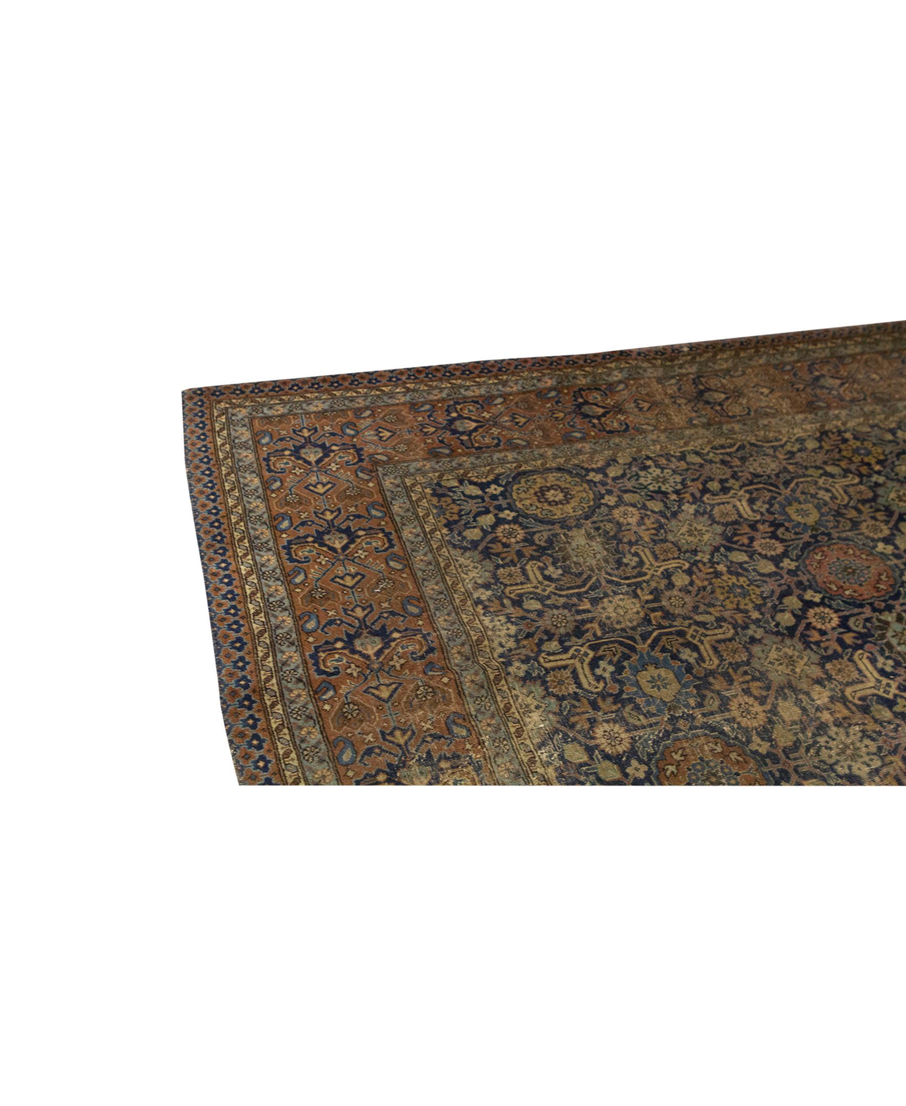 Tabriz Antique Persian Fine Traditional Handwoven Luxury Wool Navy / Rust Rug For Sale