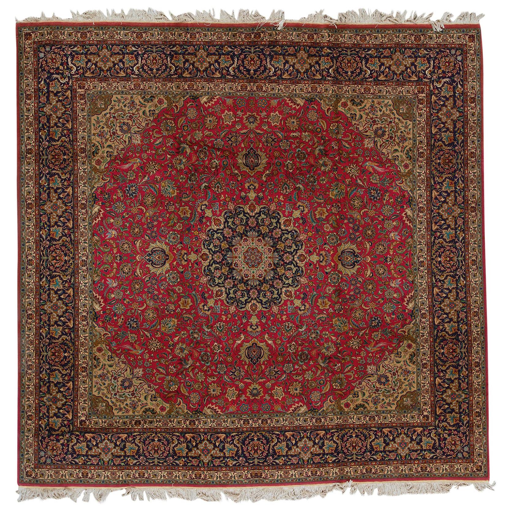 Antique Persian Fine Traditional Handwoven Luxury Wool Red / Navy Square Rug For Sale