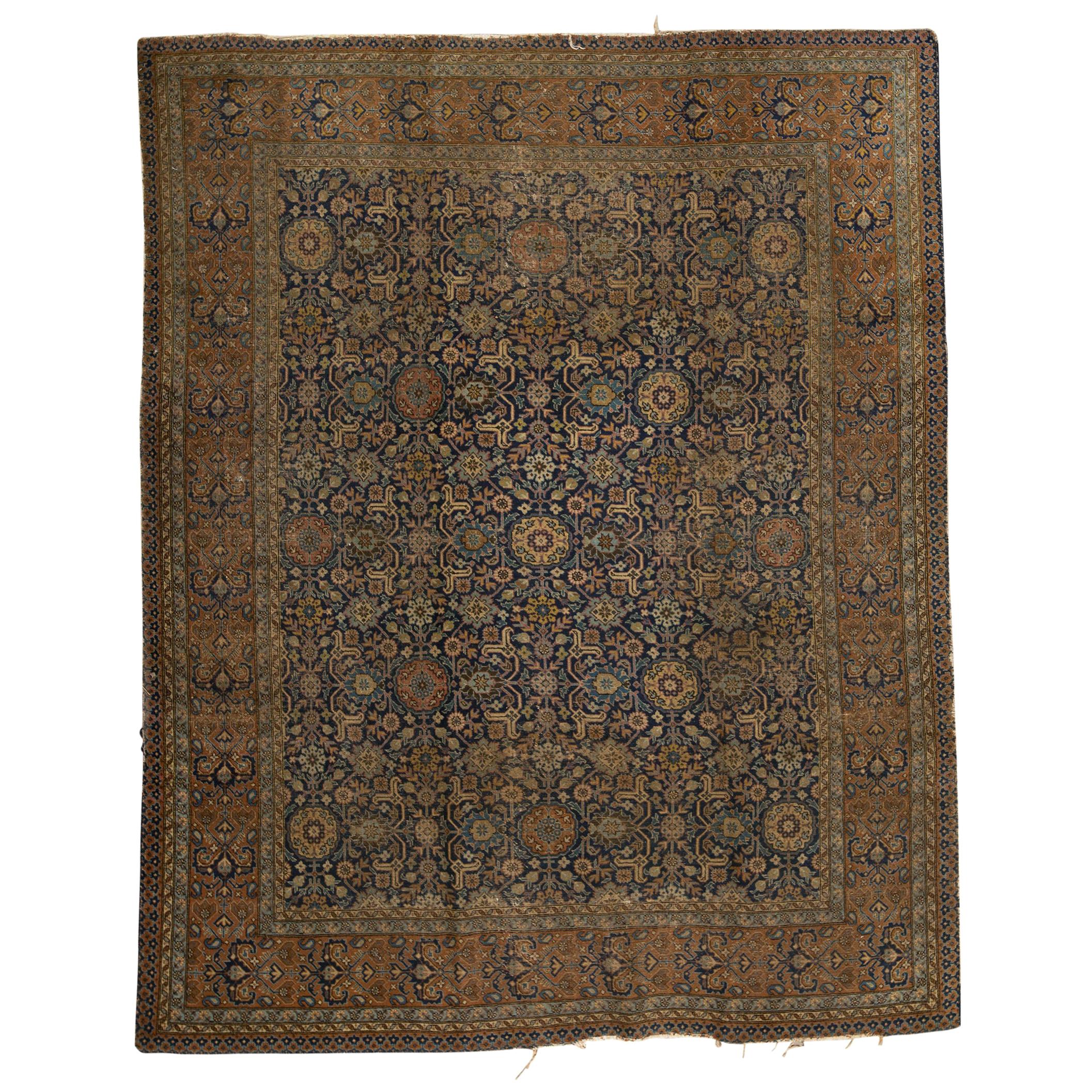 Antique Persian Fine Traditional Handwoven Luxury Wool Navy / Rust Rug For Sale