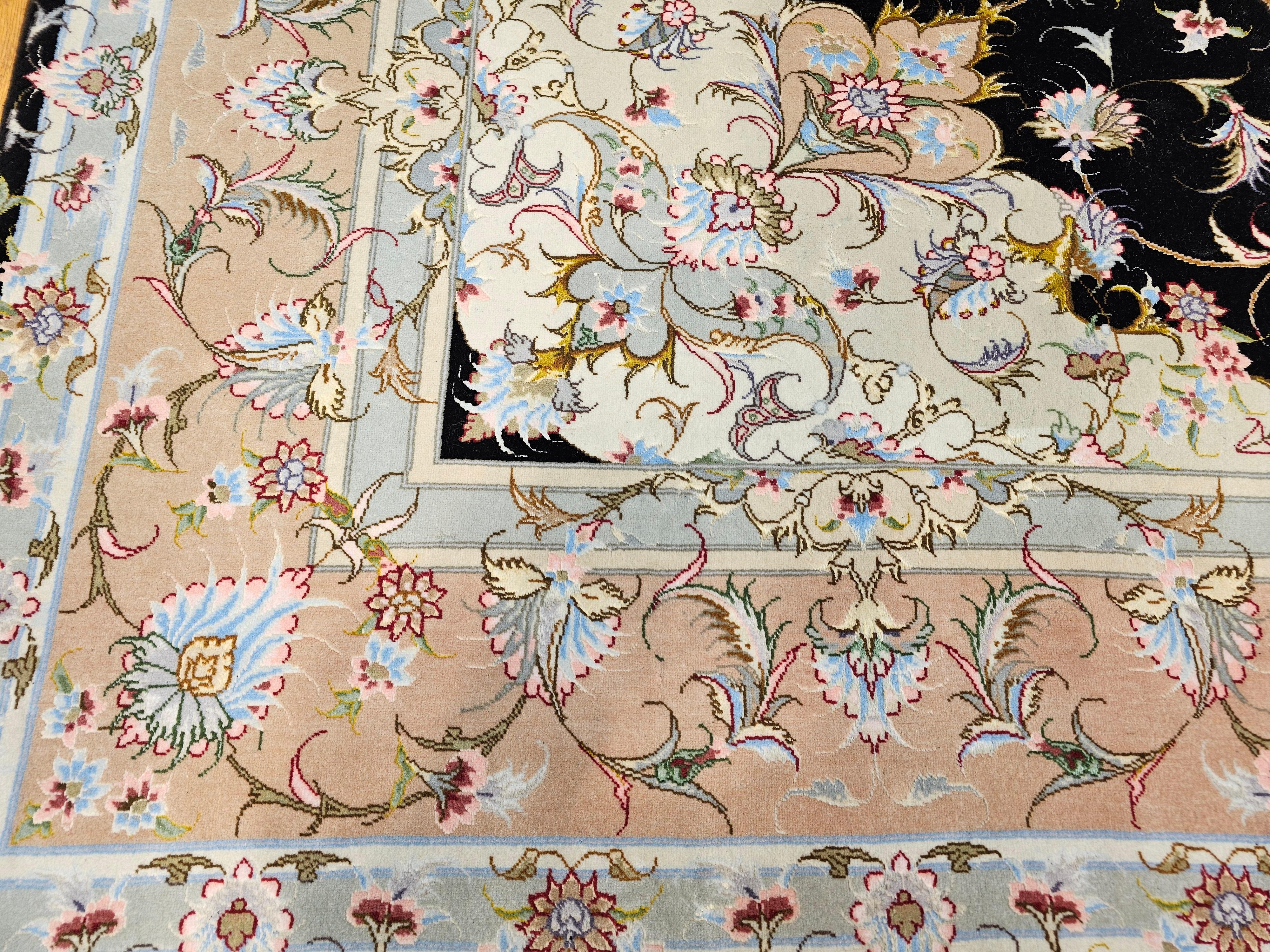 Fine Persian Tabriz in Floral Pattern in Black, Ivory, Yellow, Pink, Baby Blue For Sale 4