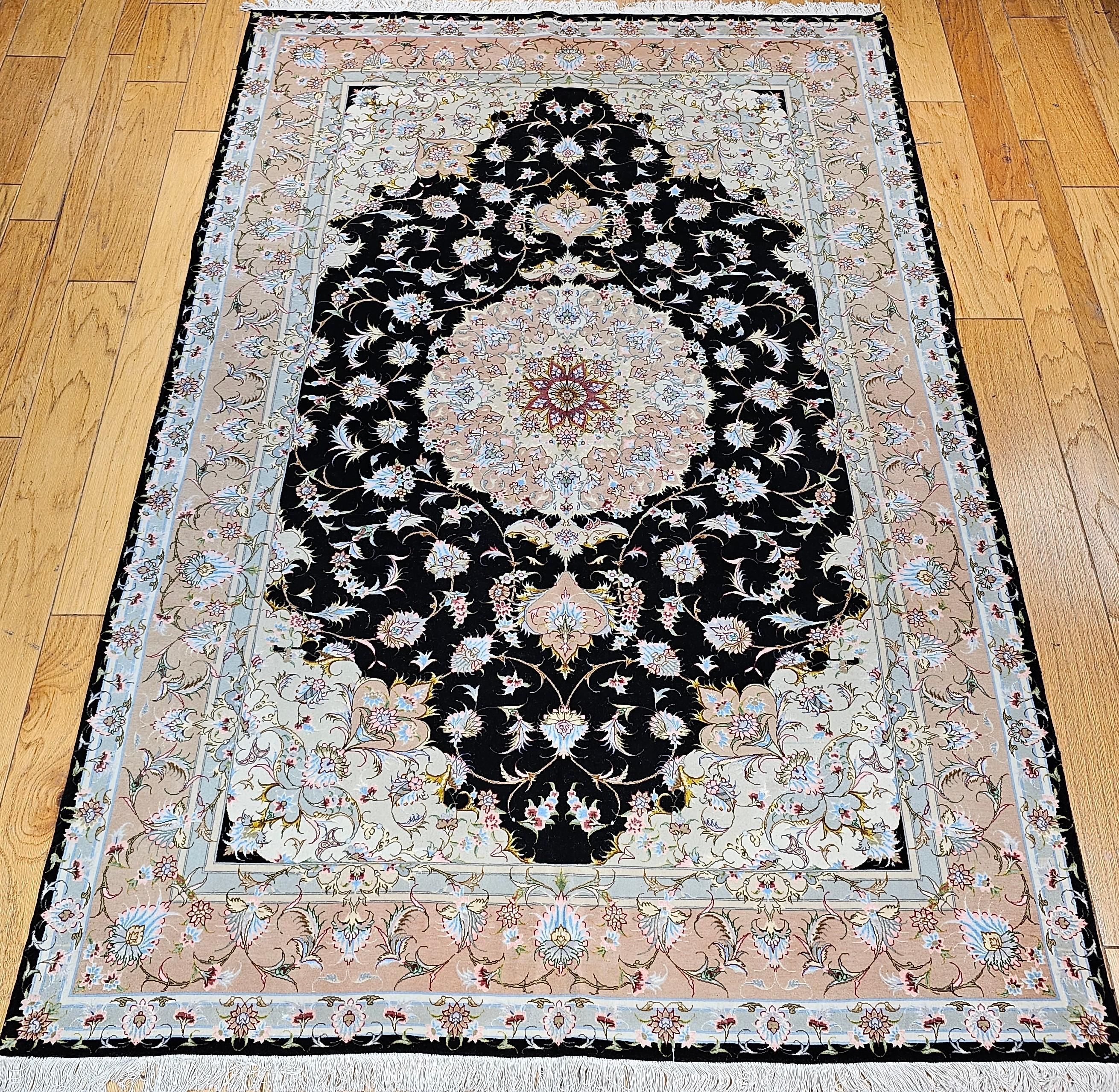 Fine Persian Tabriz in Floral Pattern in Black, Ivory, Yellow, Pink, Baby Blue For Sale 5