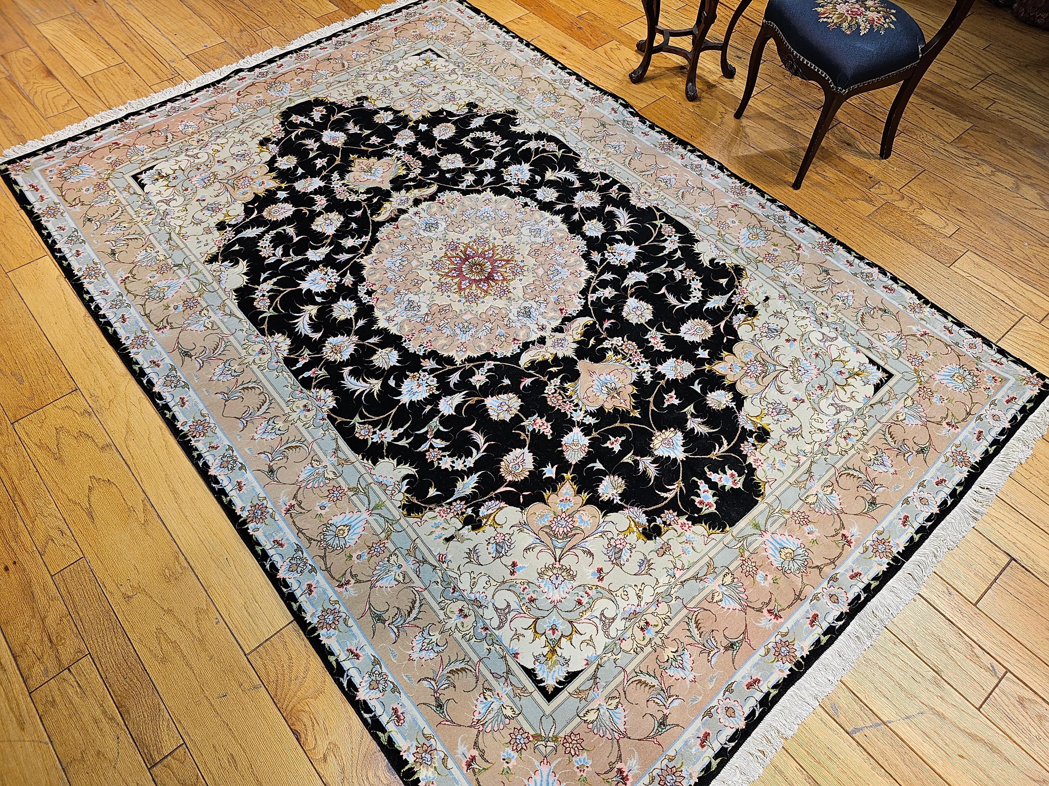 Fine Persian Tabriz in Floral Pattern in Black, Ivory, Yellow, Pink, Baby Blue For Sale 6