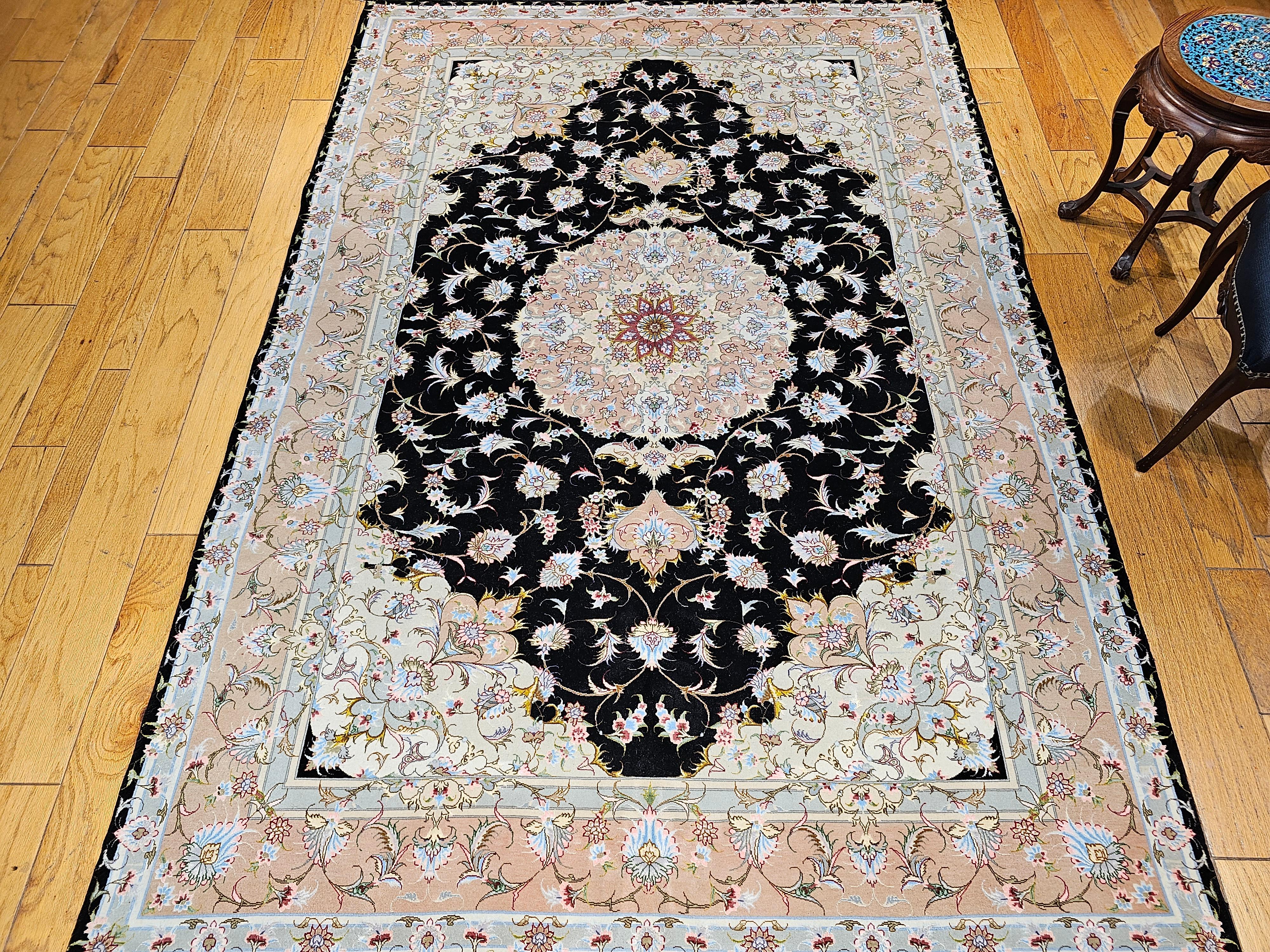 Fine Persian Tabriz in Floral Pattern in Black, Ivory, Yellow, Pink, Baby Blue For Sale 7