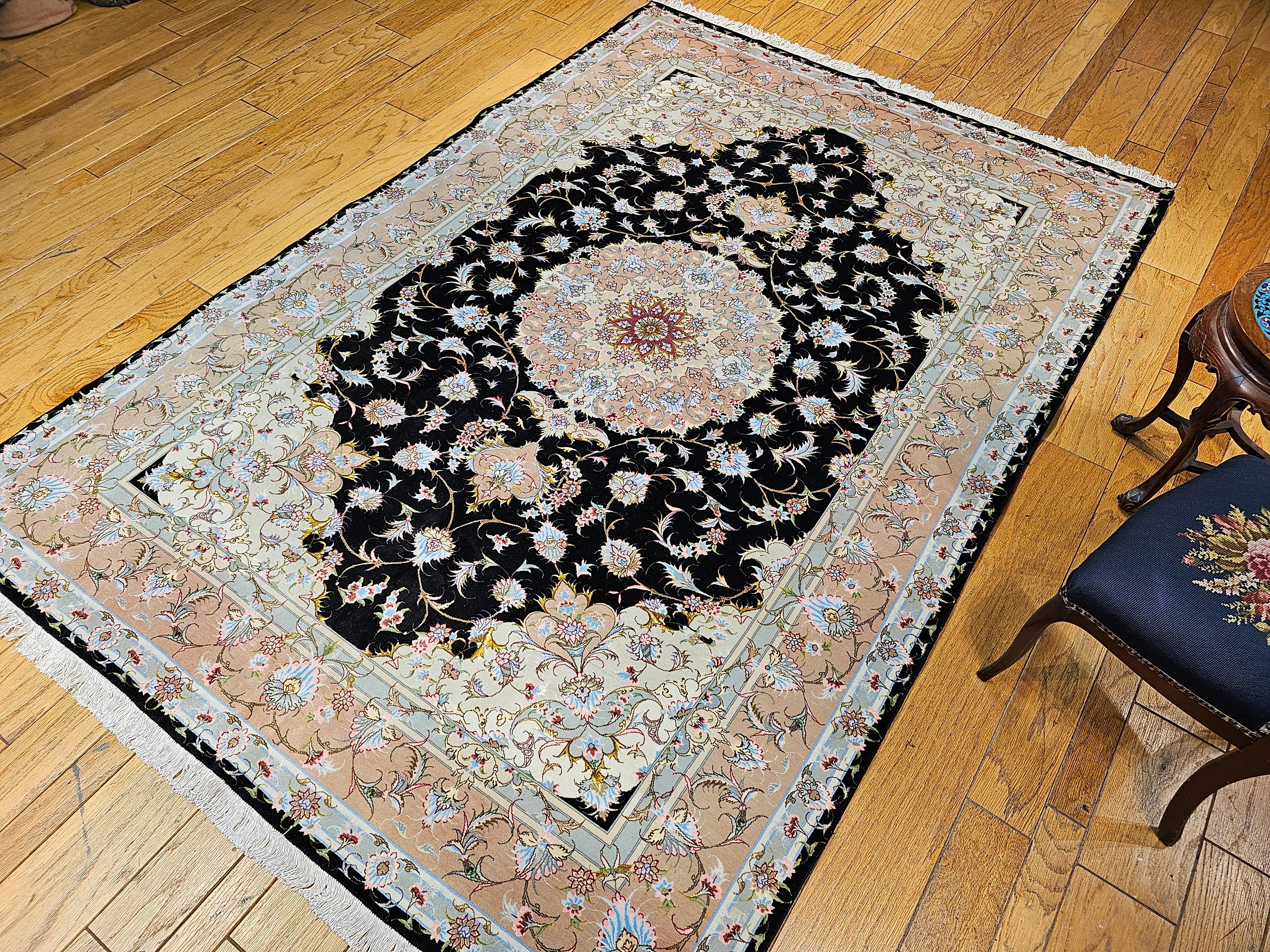 Fine Persian Tabriz in Floral Pattern in Black, Ivory, Yellow, Pink, Baby Blue For Sale 8