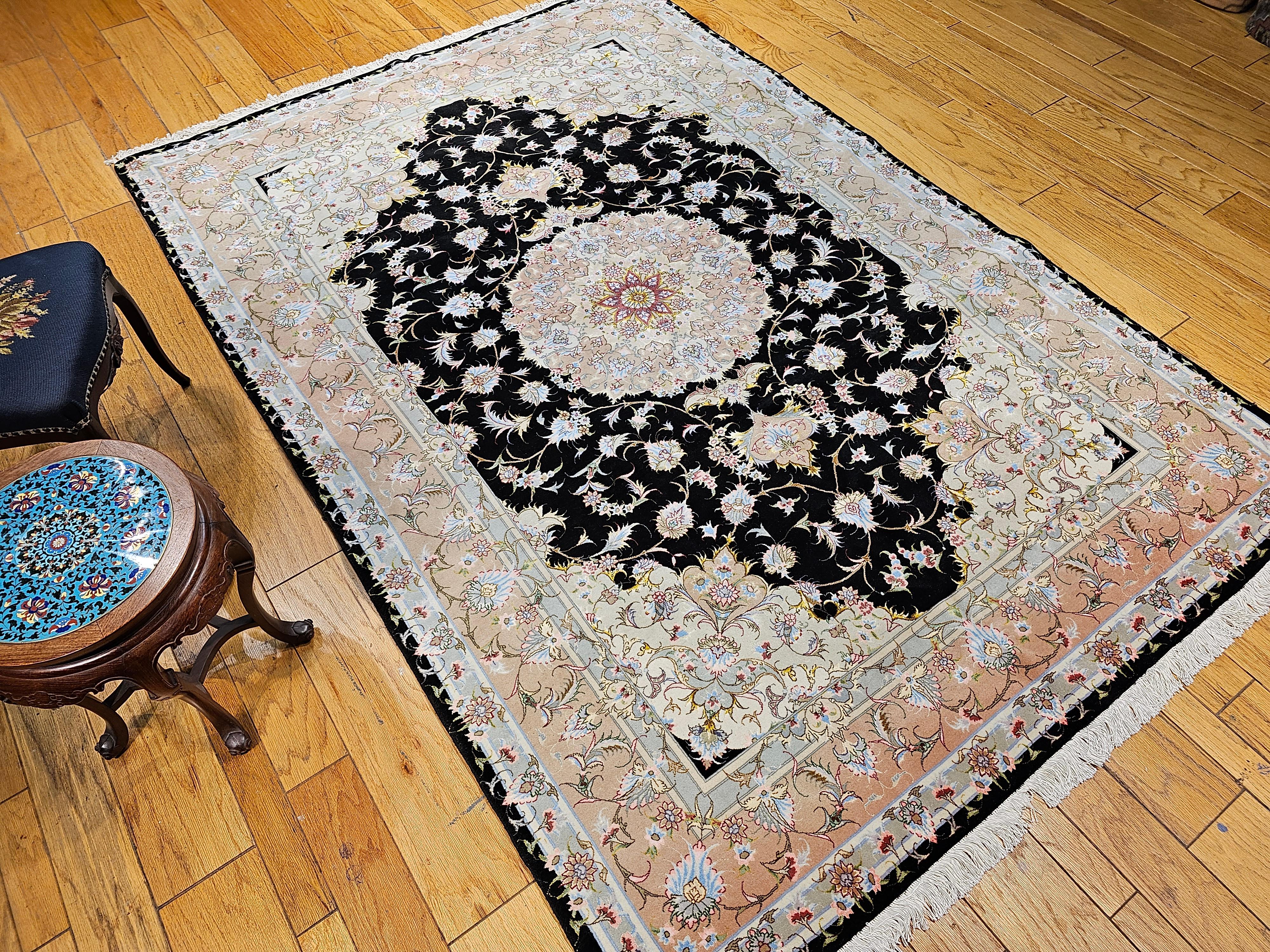 Fine Persian Tabriz in Floral Pattern in Black, Ivory, Yellow, Pink, Baby Blue For Sale 9