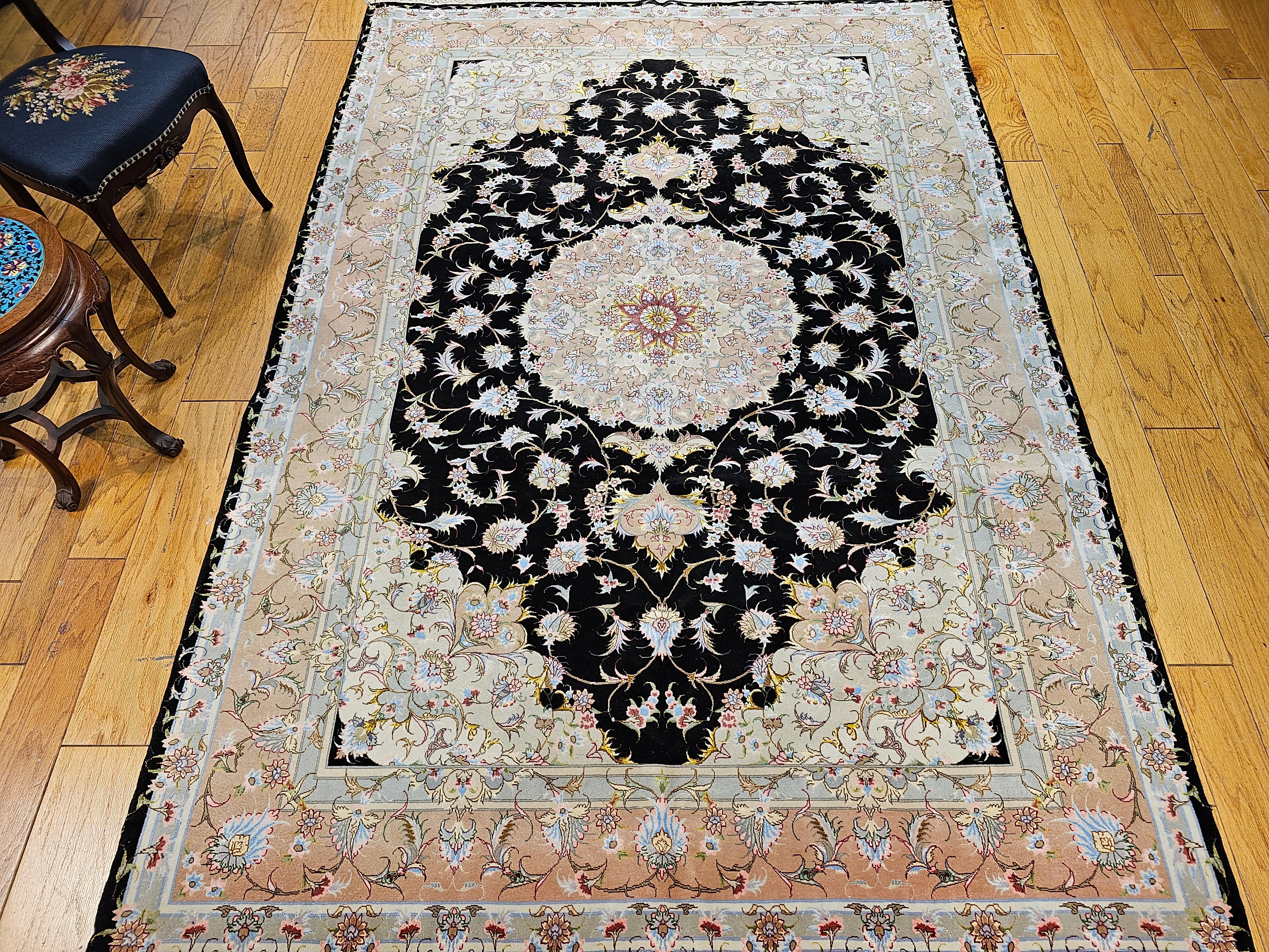 Fine Persian Tabriz in Floral Pattern in Black, Ivory, Yellow, Pink, Baby Blue For Sale 10