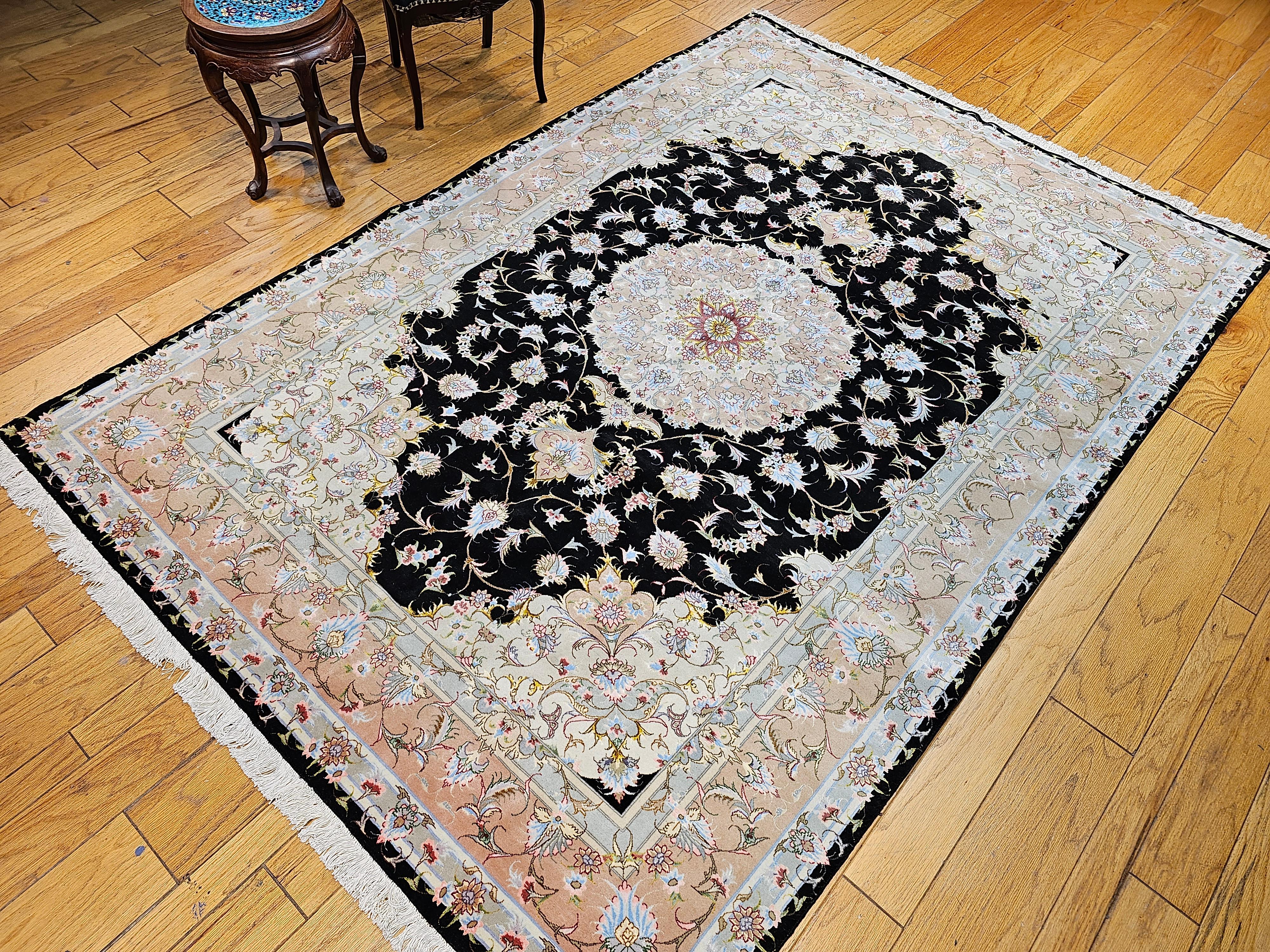 Fine Persian Tabriz in Floral Pattern in Black, Ivory, Yellow, Pink, Baby Blue For Sale 11