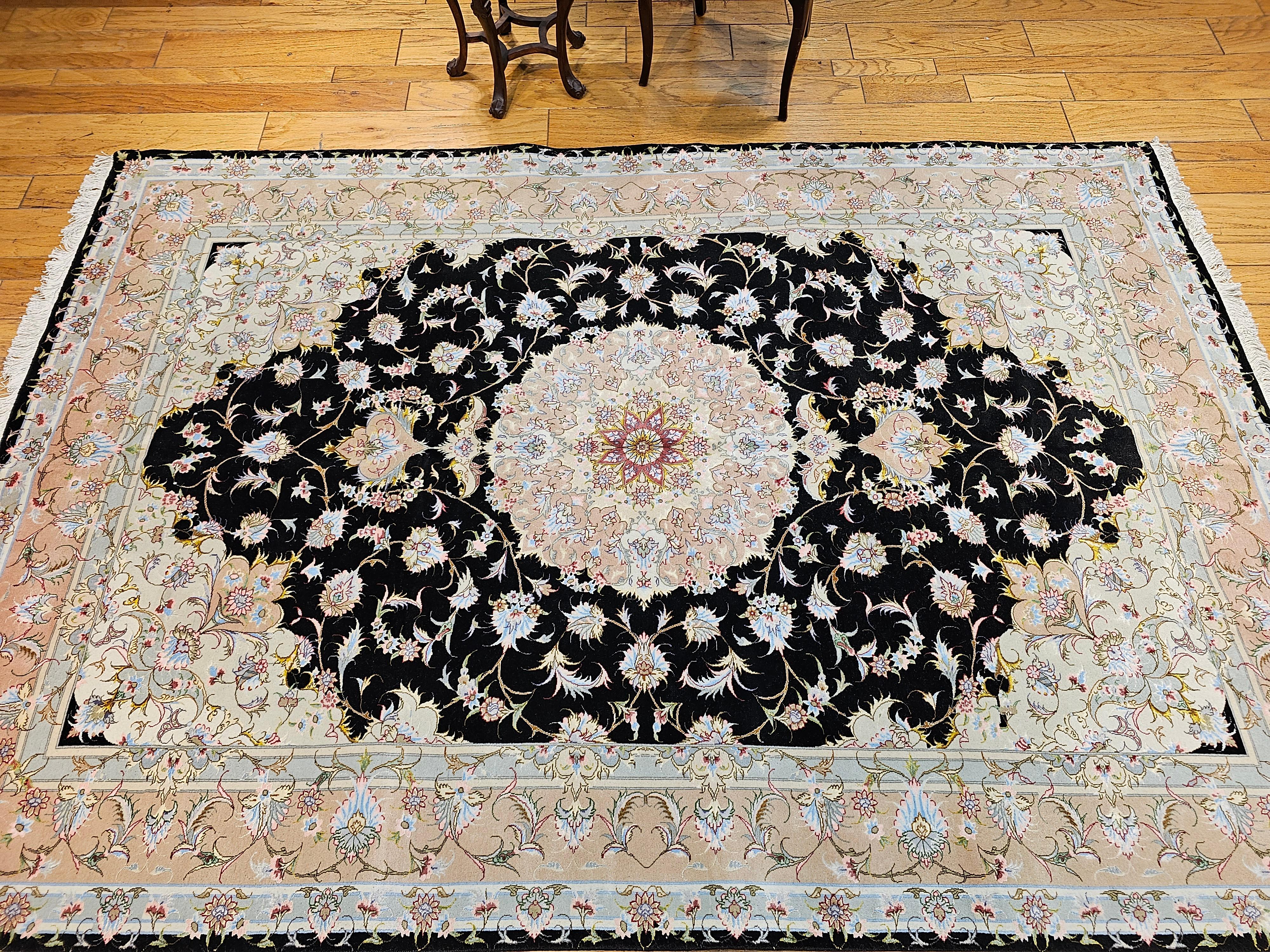 Fine Persian Tabriz in Floral Pattern in Black, Ivory, Yellow, Pink, Baby Blue For Sale 12