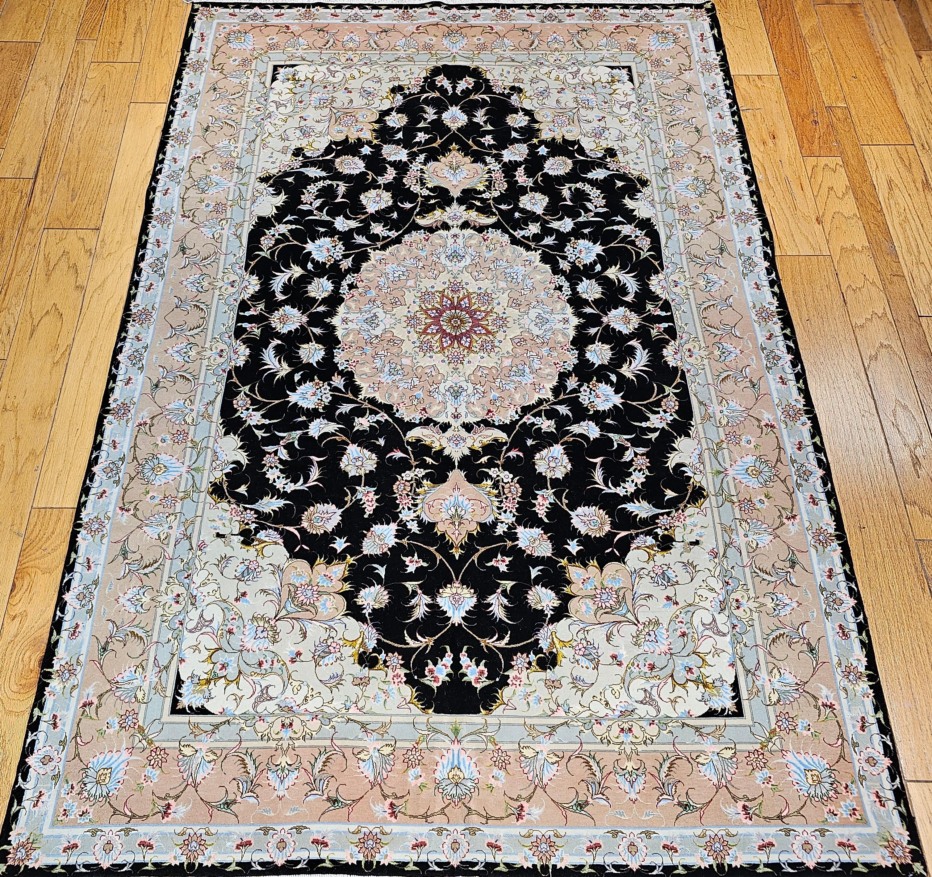 Fine Persian Tabriz in Floral Pattern in Black, Ivory, Yellow, Pink, Baby Blue For Sale 13