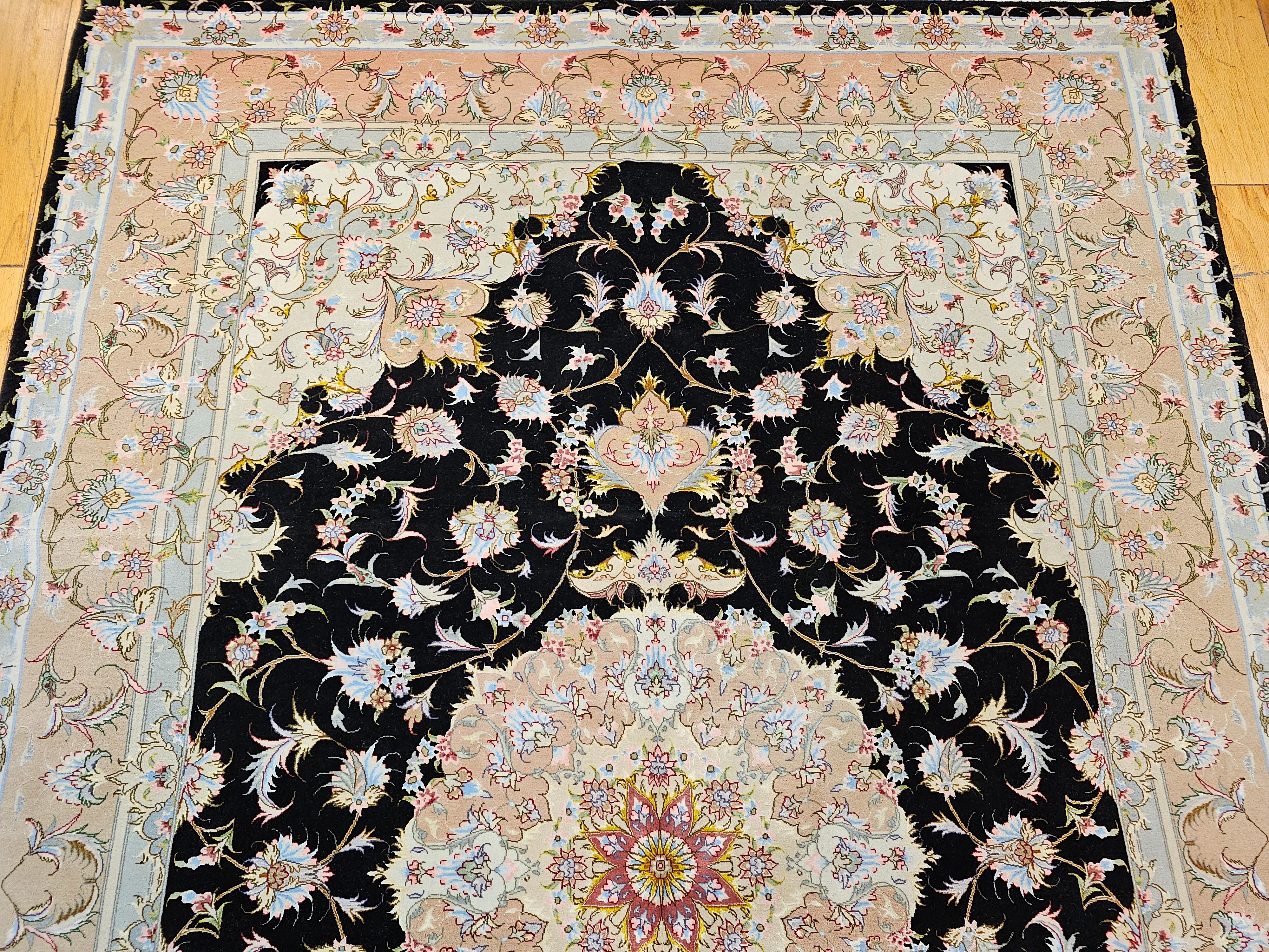 Hand-Knotted Fine Persian Tabriz in Floral Pattern in Black, Ivory, Yellow, Pink, Baby Blue For Sale