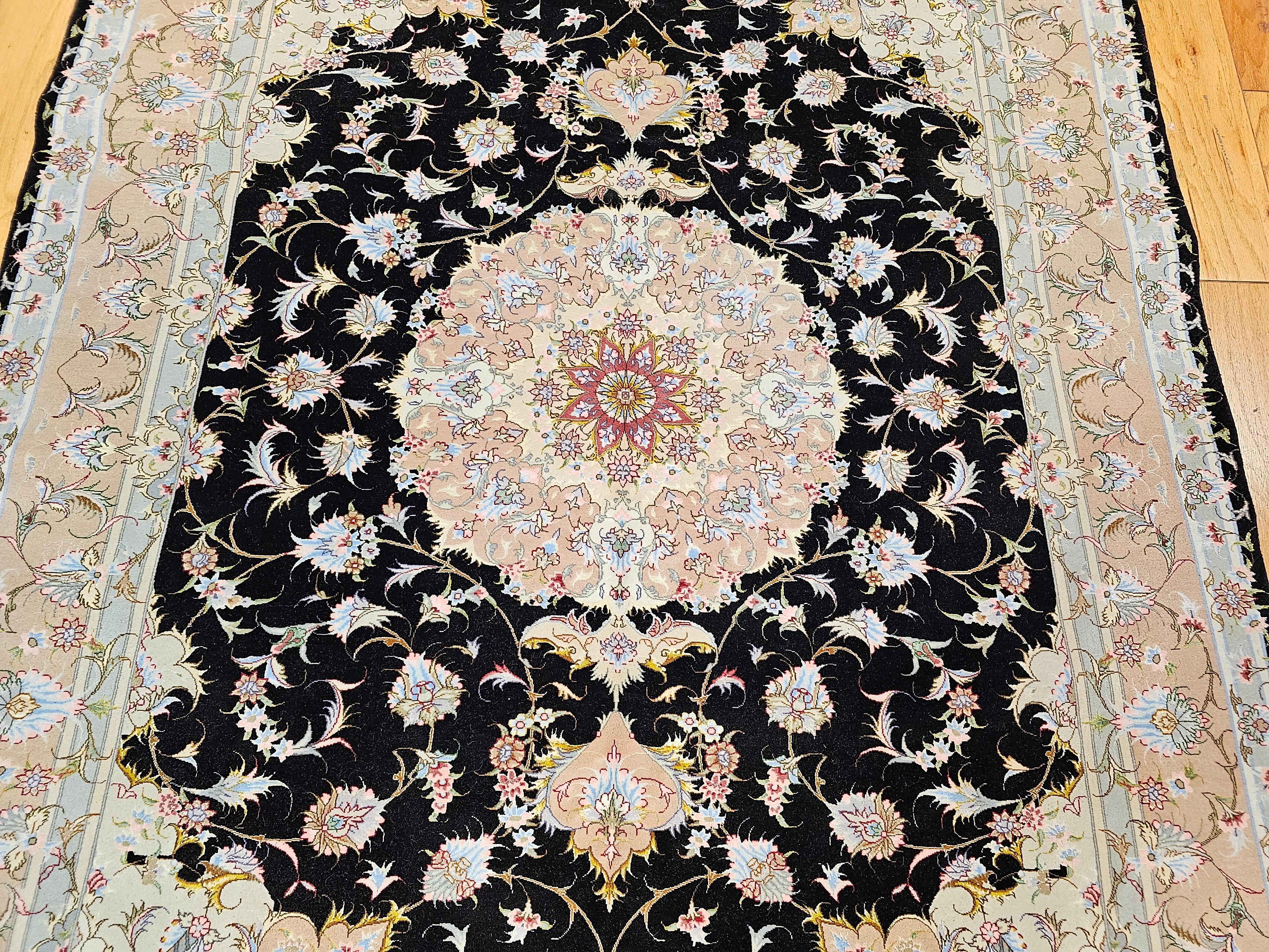Fine Persian Tabriz in Floral Pattern in Black, Ivory, Yellow, Pink, Baby Blue In Excellent Condition For Sale In Barrington, IL