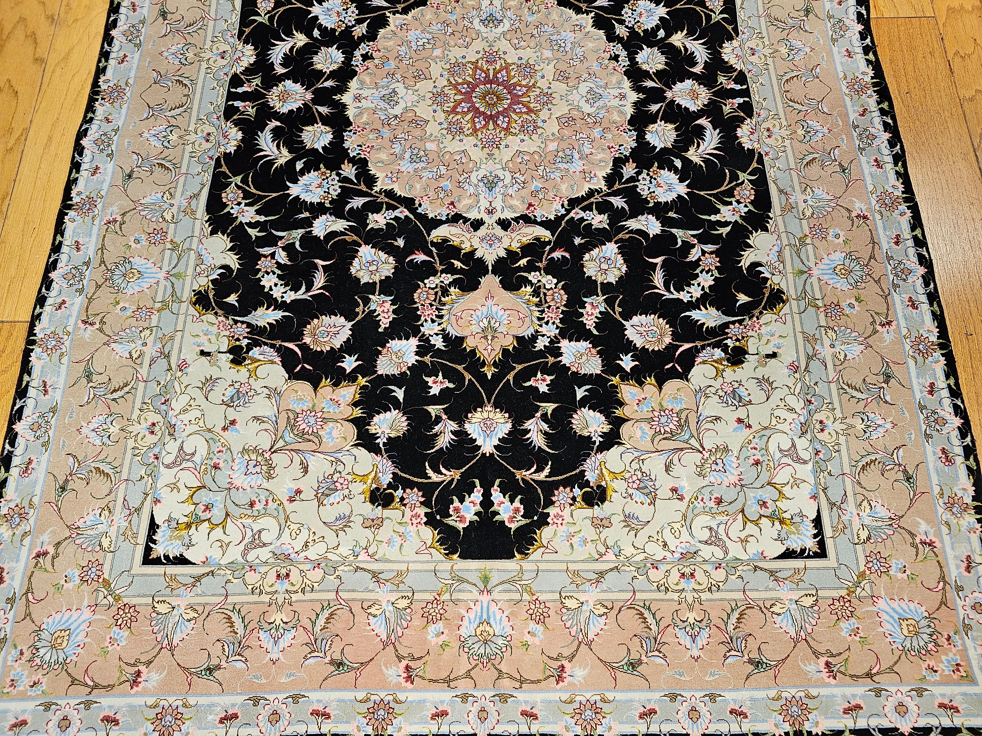 20th Century Fine Persian Tabriz in Floral Pattern in Black, Ivory, Yellow, Pink, Baby Blue For Sale