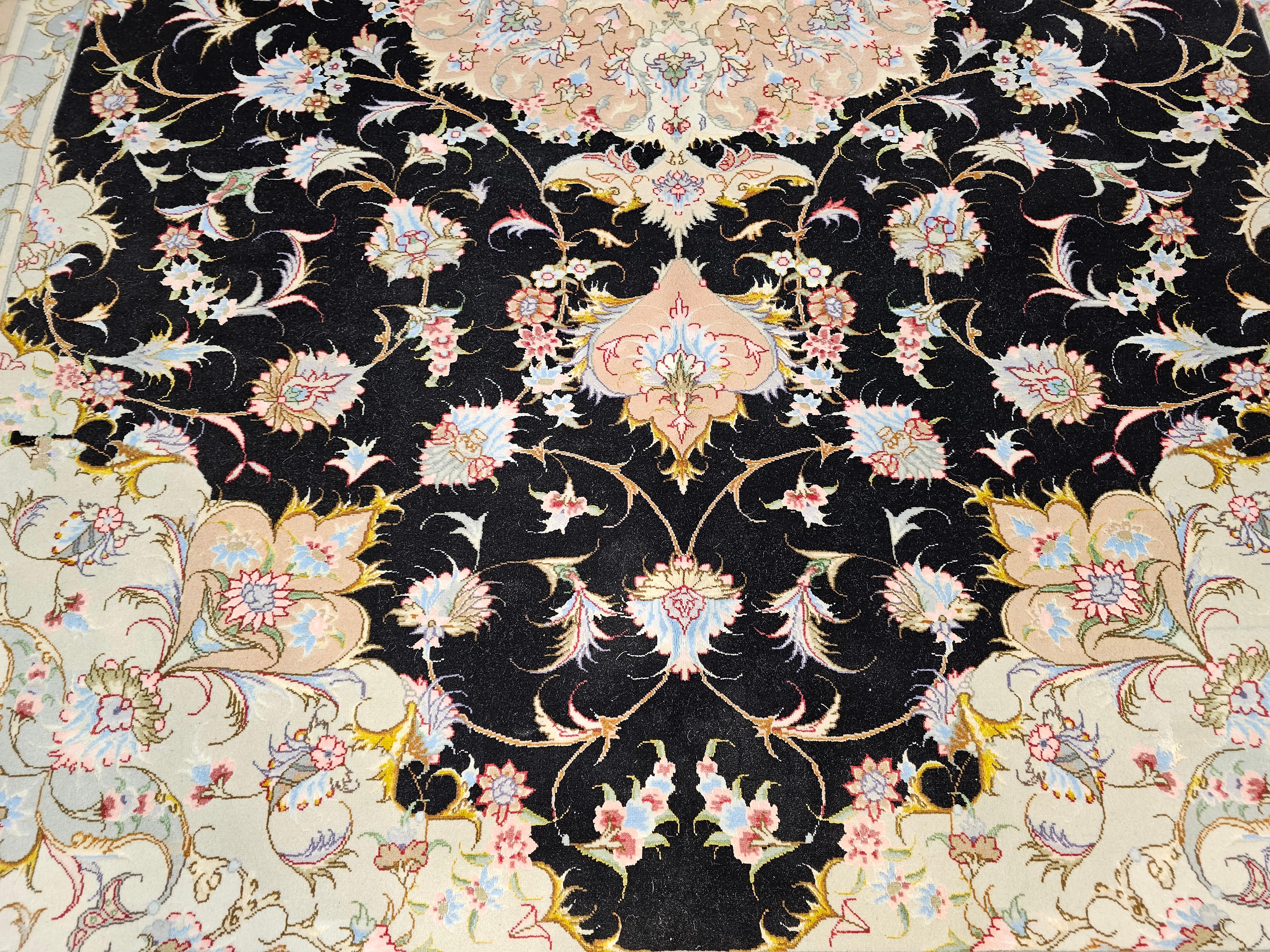 Wool Fine Persian Tabriz in Floral Pattern in Black, Ivory, Yellow, Pink, Baby Blue For Sale