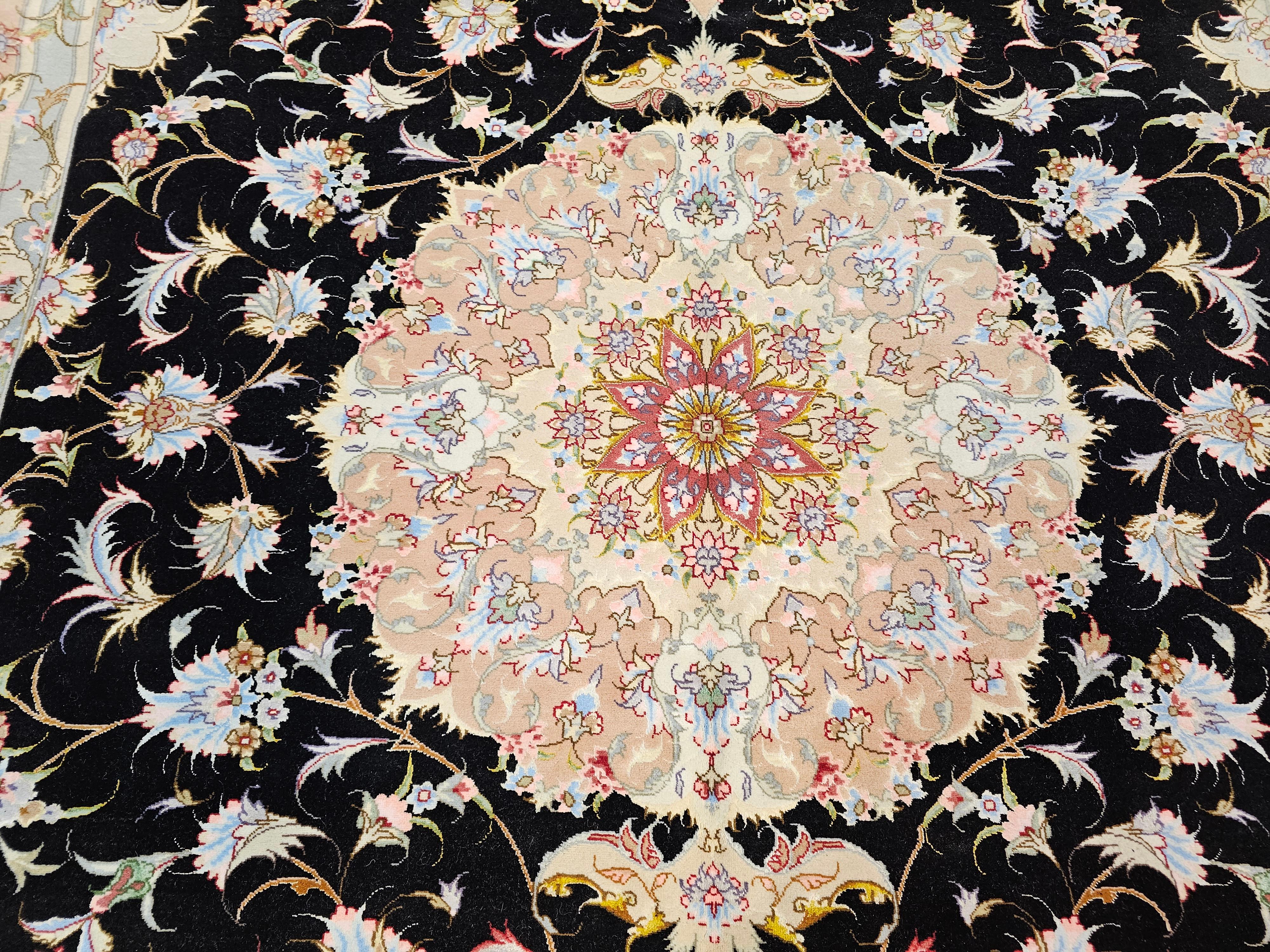 Fine Persian Tabriz in Floral Pattern in Black, Ivory, Yellow, Pink, Baby Blue For Sale 1