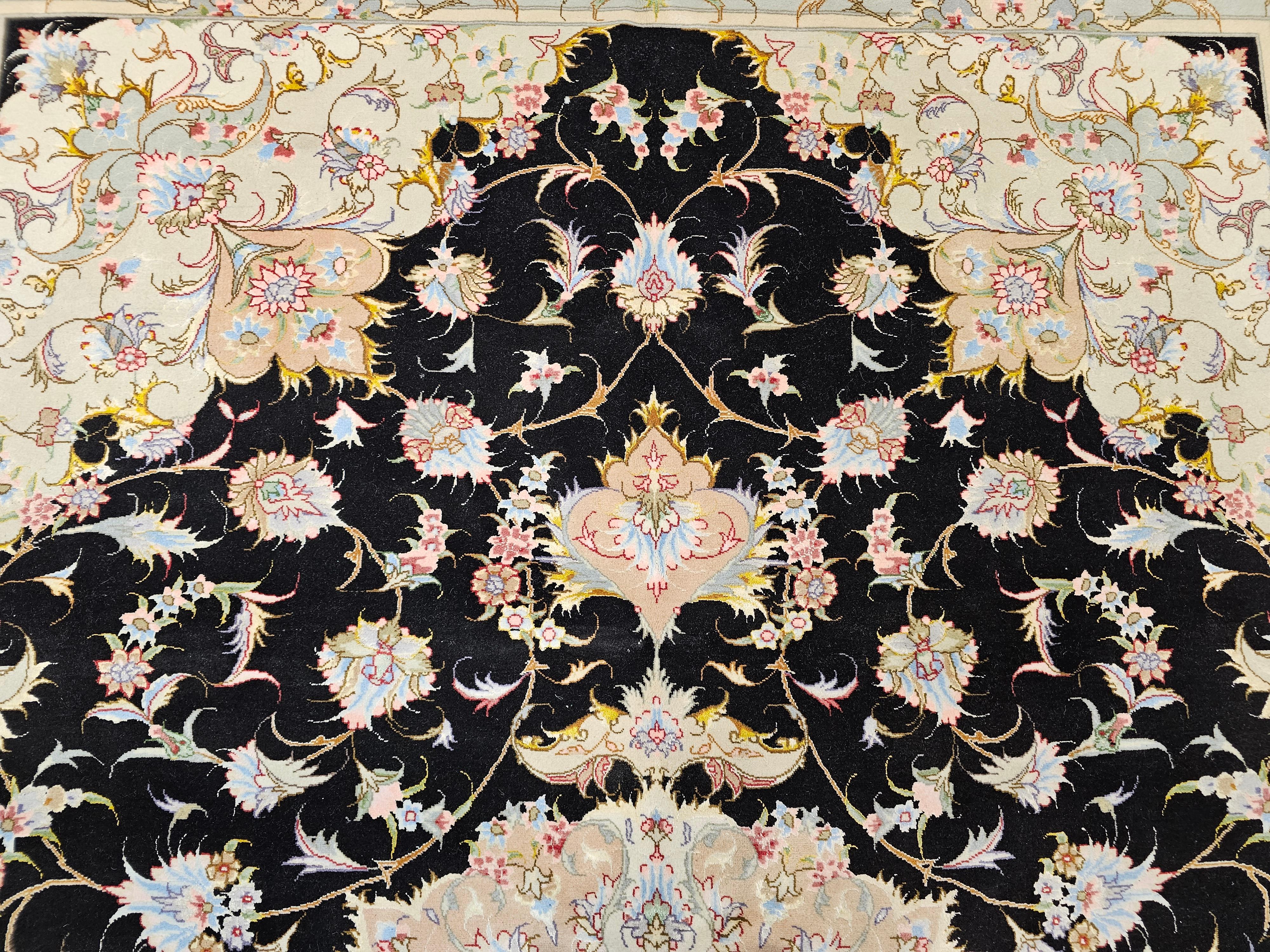 Fine Persian Tabriz in Floral Pattern in Black, Ivory, Yellow, Pink, Baby Blue For Sale 2
