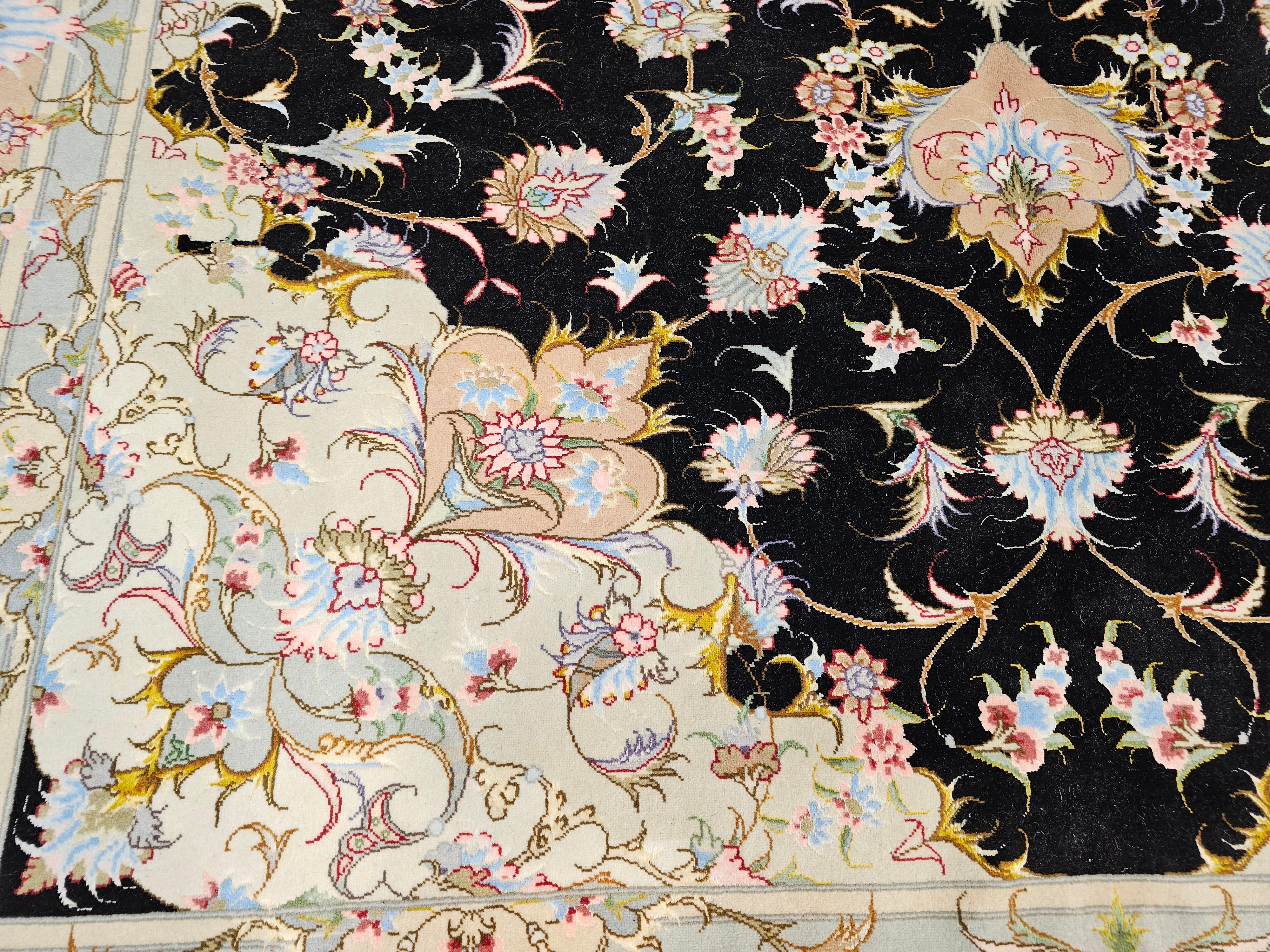 Fine Persian Tabriz in Floral Pattern in Black, Ivory, Yellow, Pink, Baby Blue For Sale 3