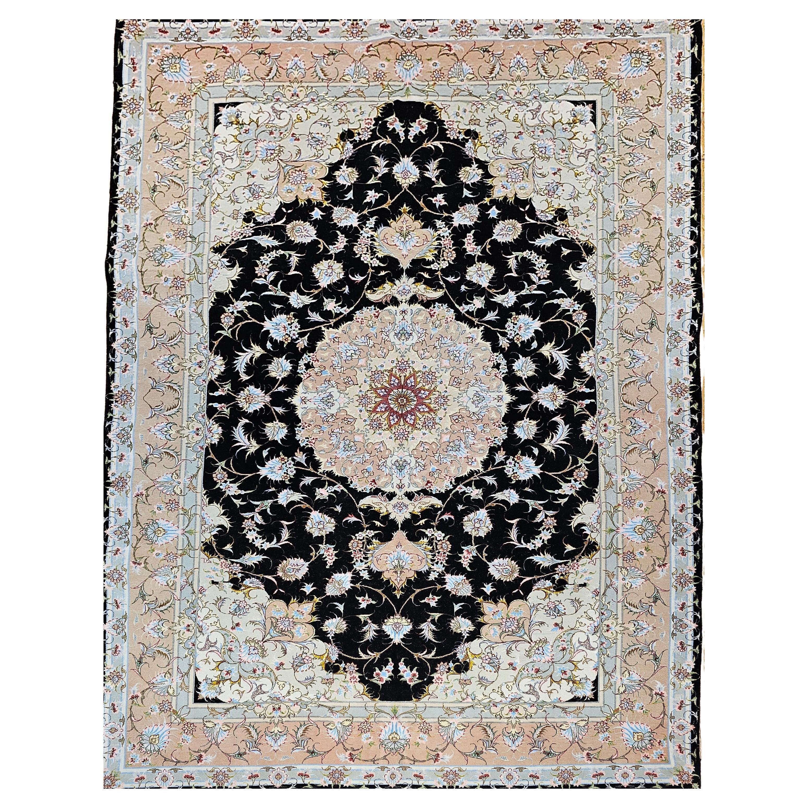 Fine Persian Tabriz in Floral Pattern in Black, Ivory, Yellow, Pink, Baby Blue