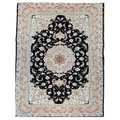 Vintage Fine Persian Tabriz in Floral Pattern in Black, Ivory, Yellow, Pink, Baby Blue