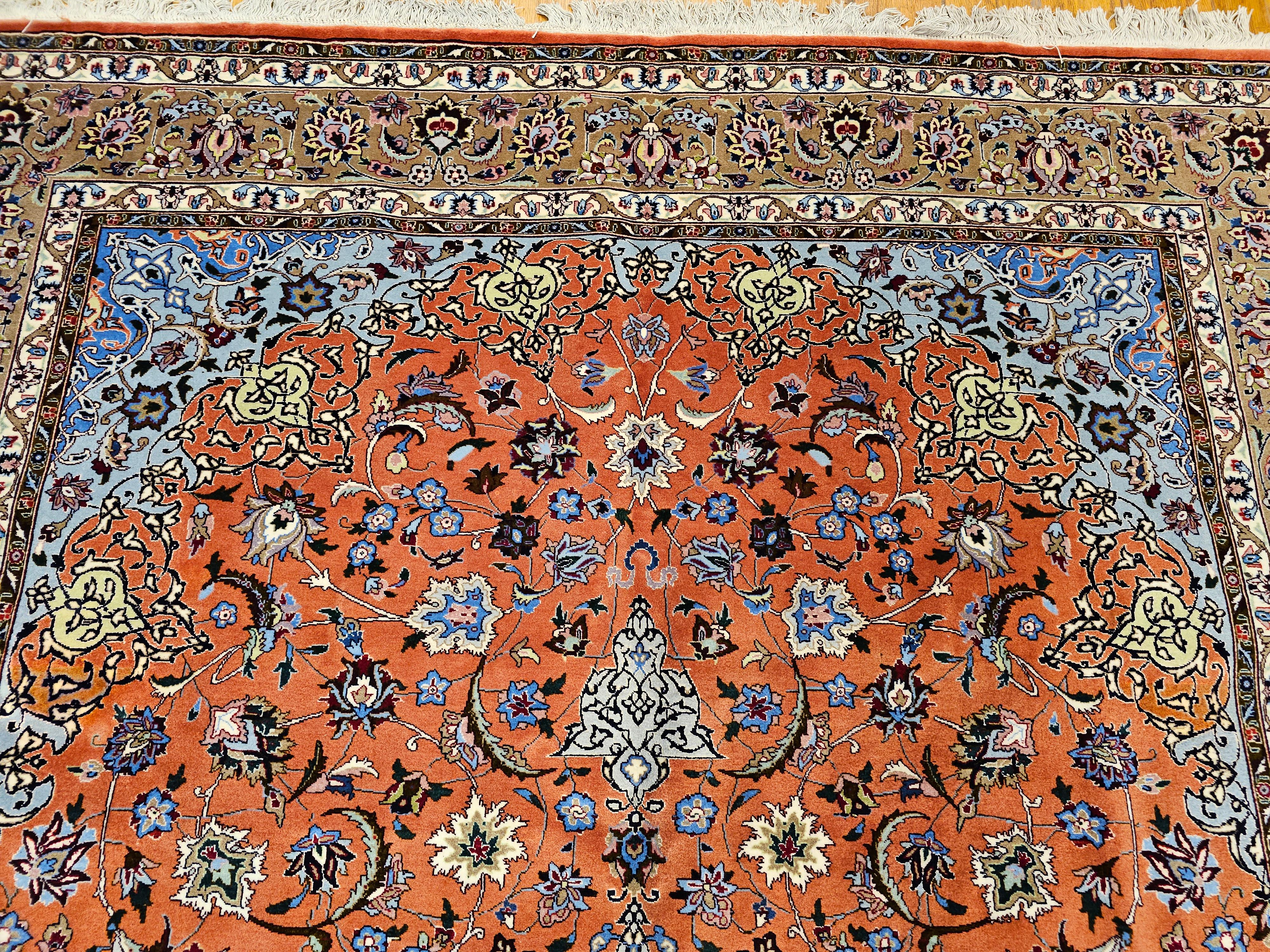 Fine Persian Tabriz in Floral Pattern with Silk  in Rust Red, Caramel, Baby Blue For Sale 4