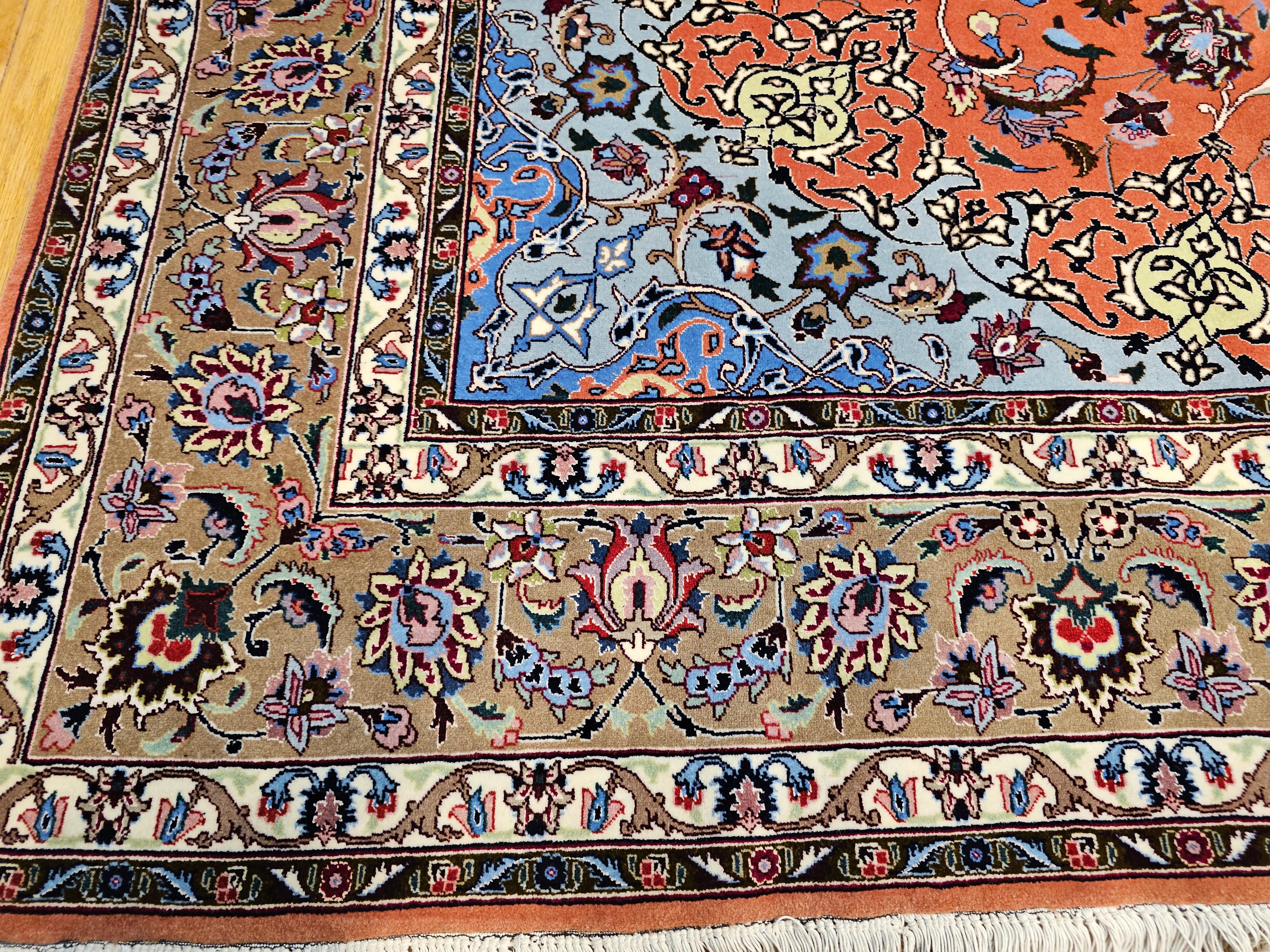 Fine Persian Tabriz in Floral Pattern with Silk  in Rust Red, Caramel, Baby Blue For Sale 5
