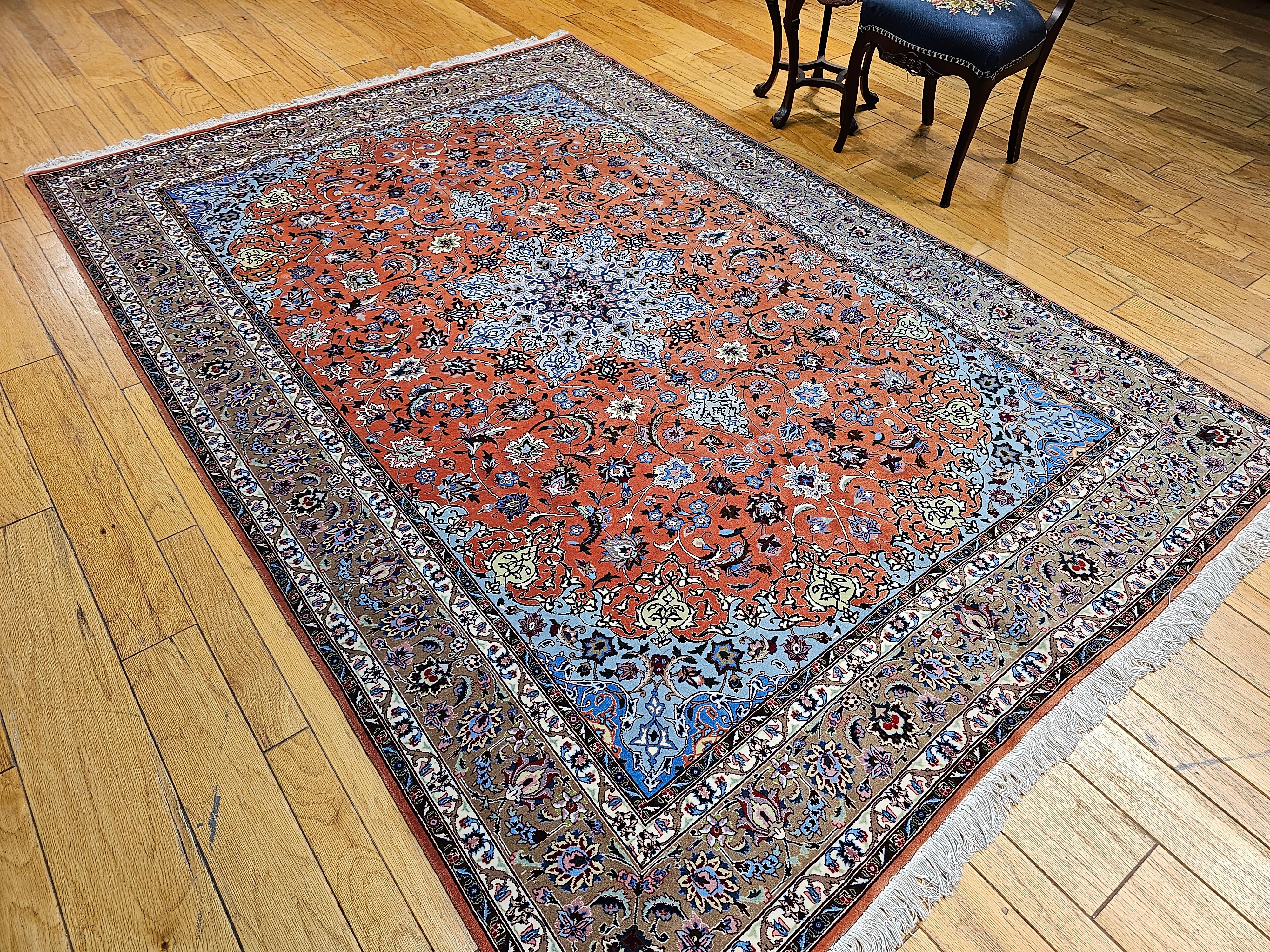 Fine Persian Tabriz in Floral Pattern with Silk  in Rust Red, Caramel, Baby Blue For Sale 6