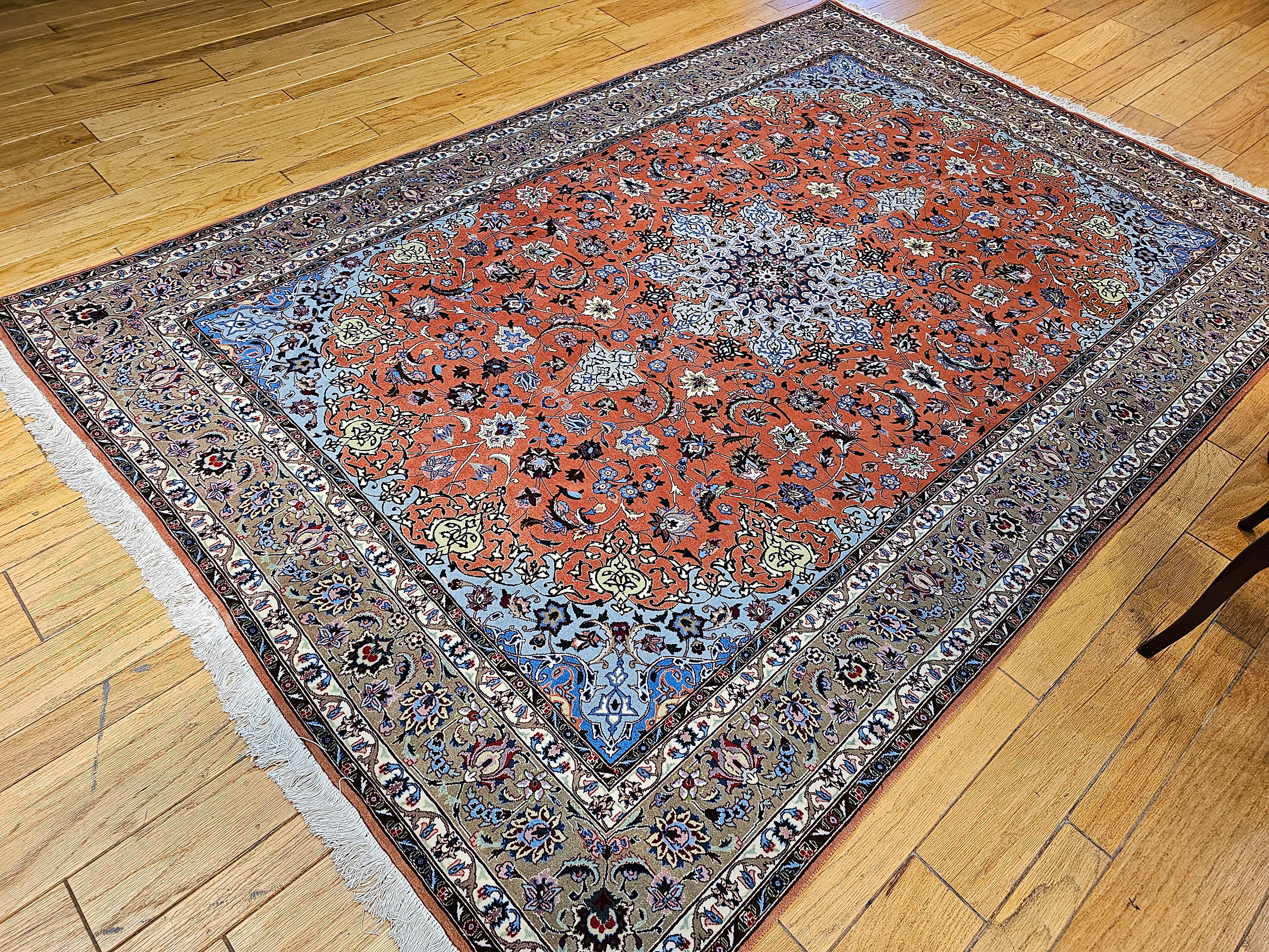 Fine Persian Tabriz in Floral Pattern with Silk  in Rust Red, Caramel, Baby Blue For Sale 7