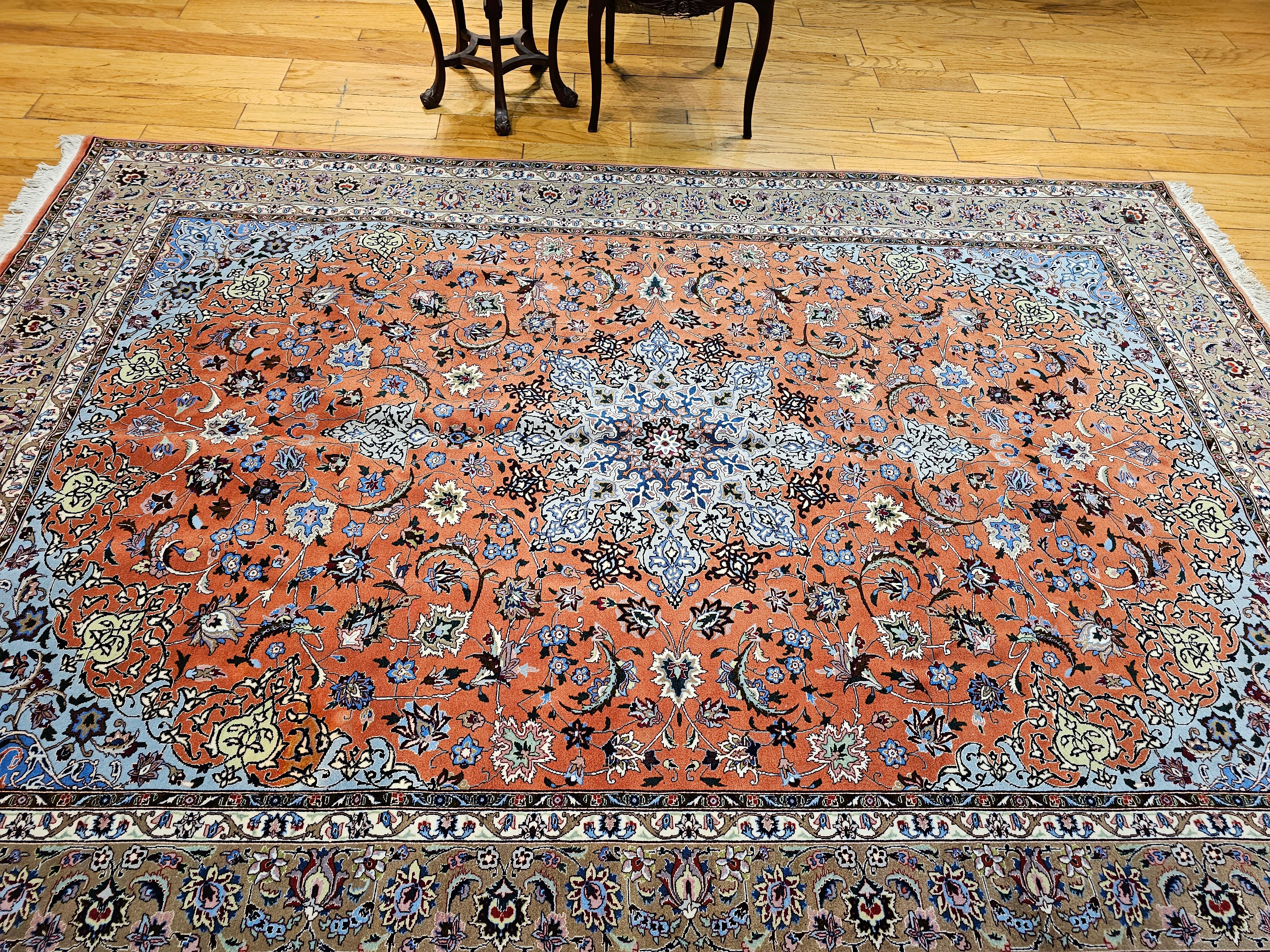Fine Persian Tabriz in Floral Pattern with Silk  in Rust Red, Caramel, Baby Blue For Sale 8