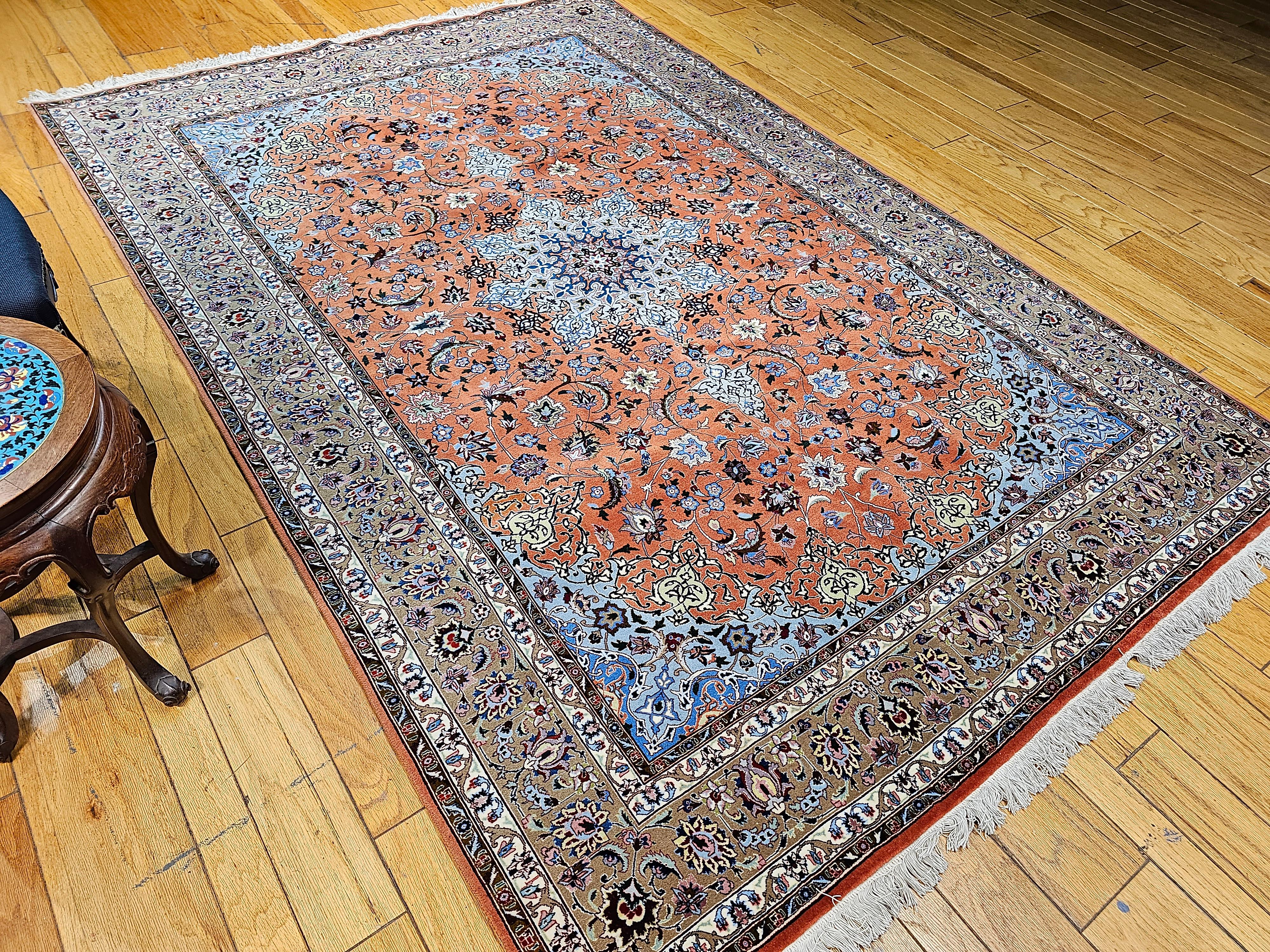 Fine Persian Tabriz in Floral Pattern with Silk  in Rust Red, Caramel, Baby Blue For Sale 9
