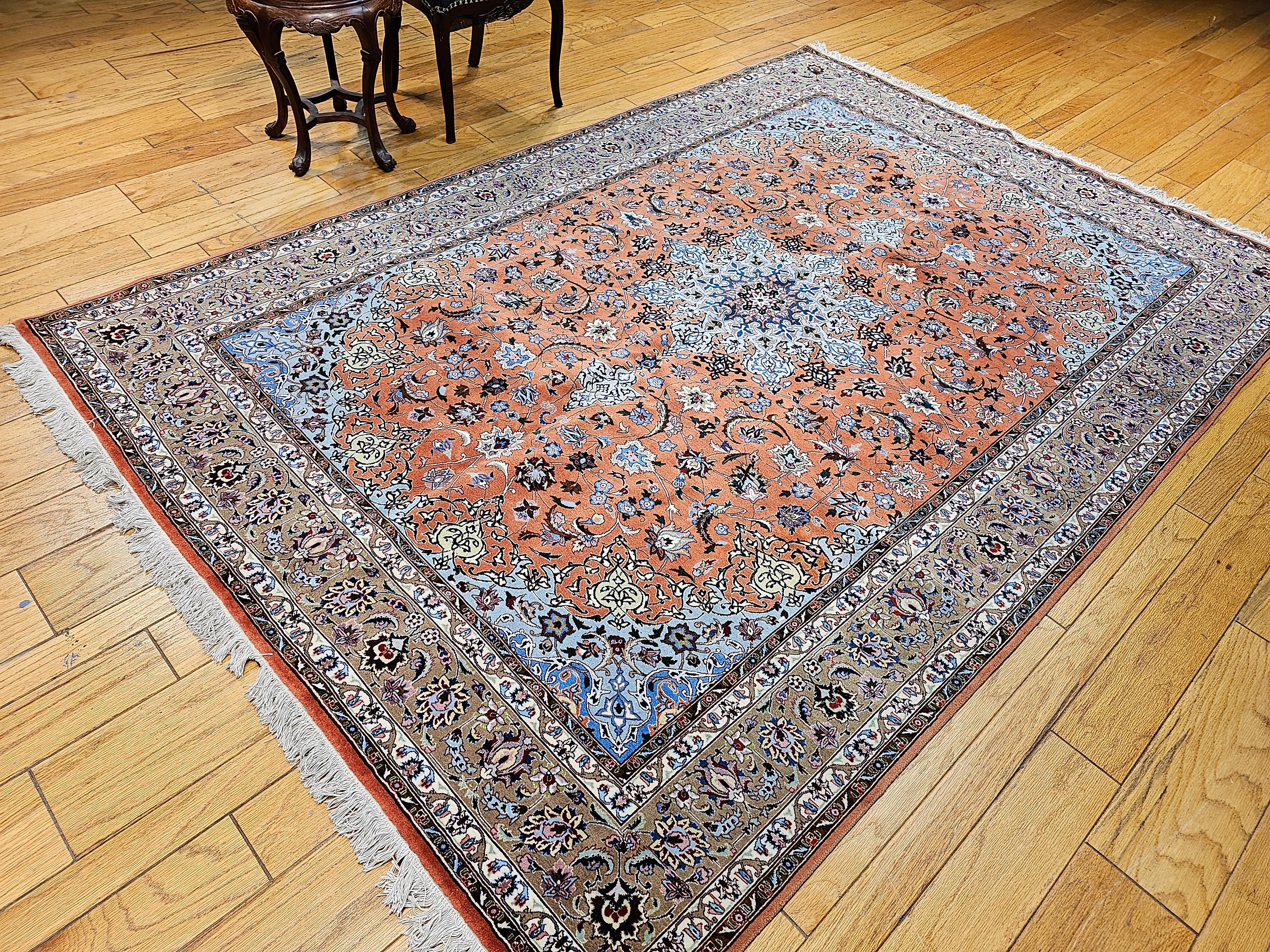 Fine Persian Tabriz in Floral Pattern with Silk  in Rust Red, Caramel, Baby Blue For Sale 10