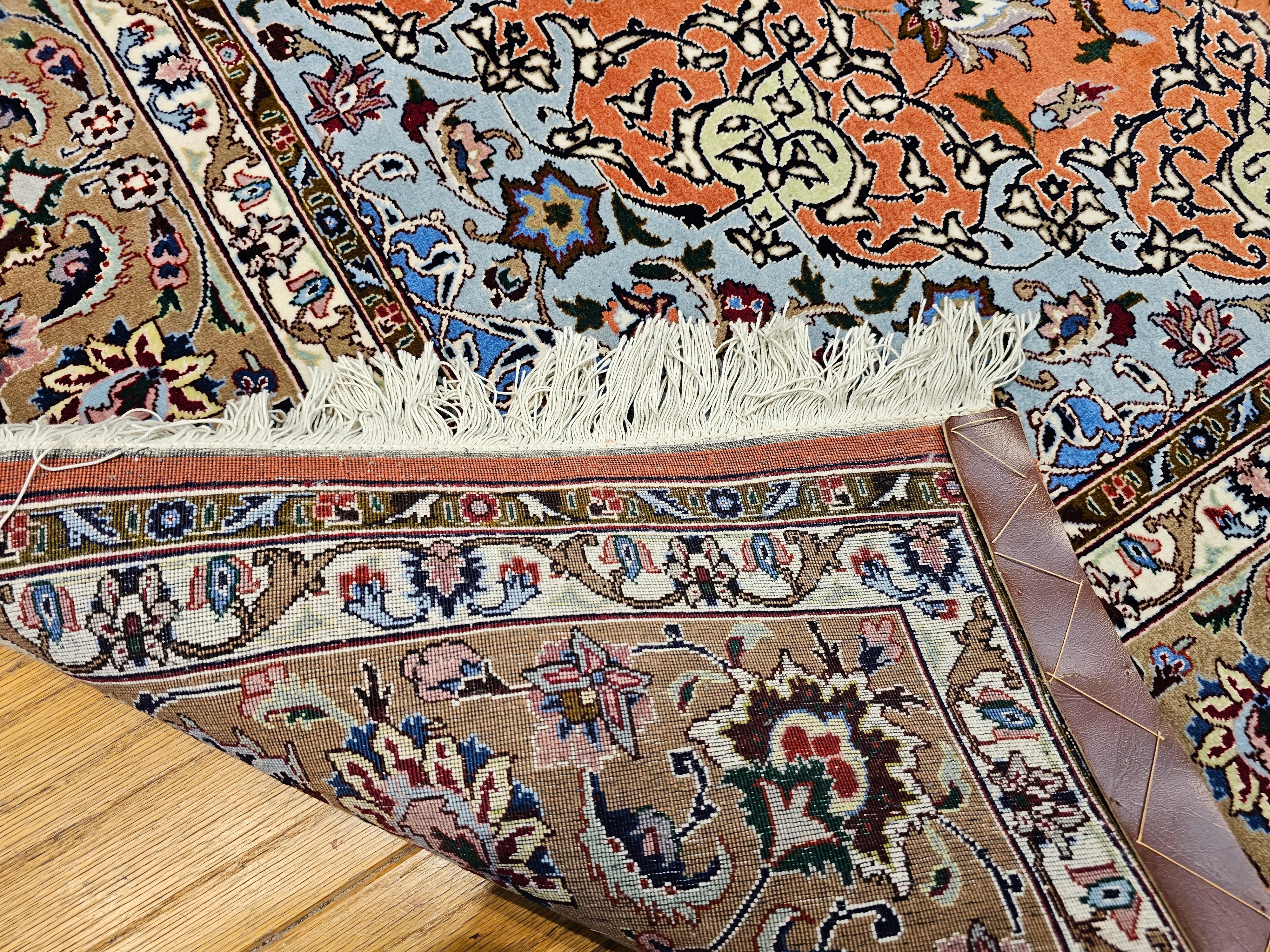 Fine Persian Tabriz in Floral Pattern with Silk  in Rust Red, Caramel, Baby Blue For Sale 11