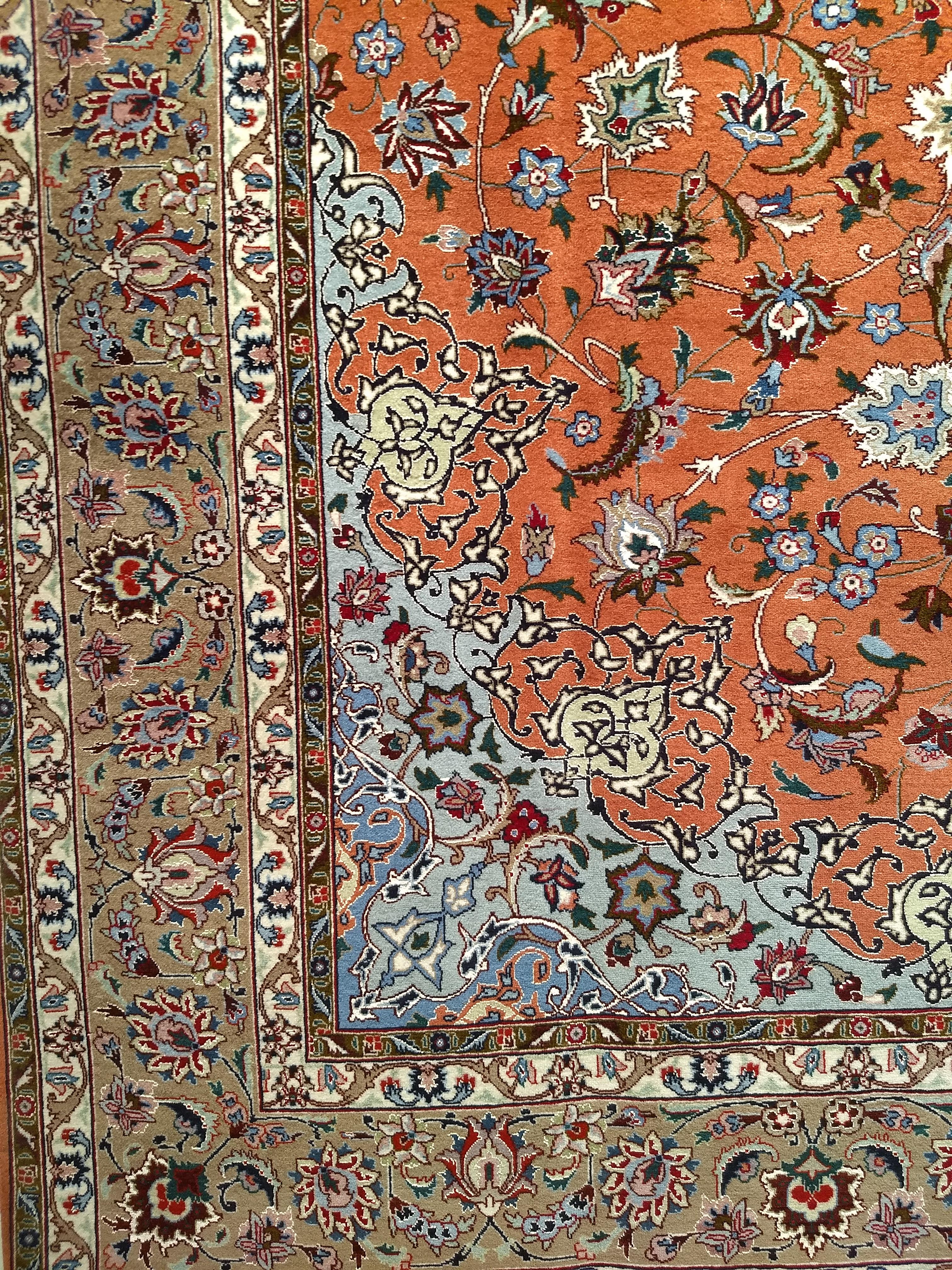 Hand-Knotted Fine Persian Tabriz in Floral Pattern with Silk  in Rust Red, Caramel, Baby Blue For Sale