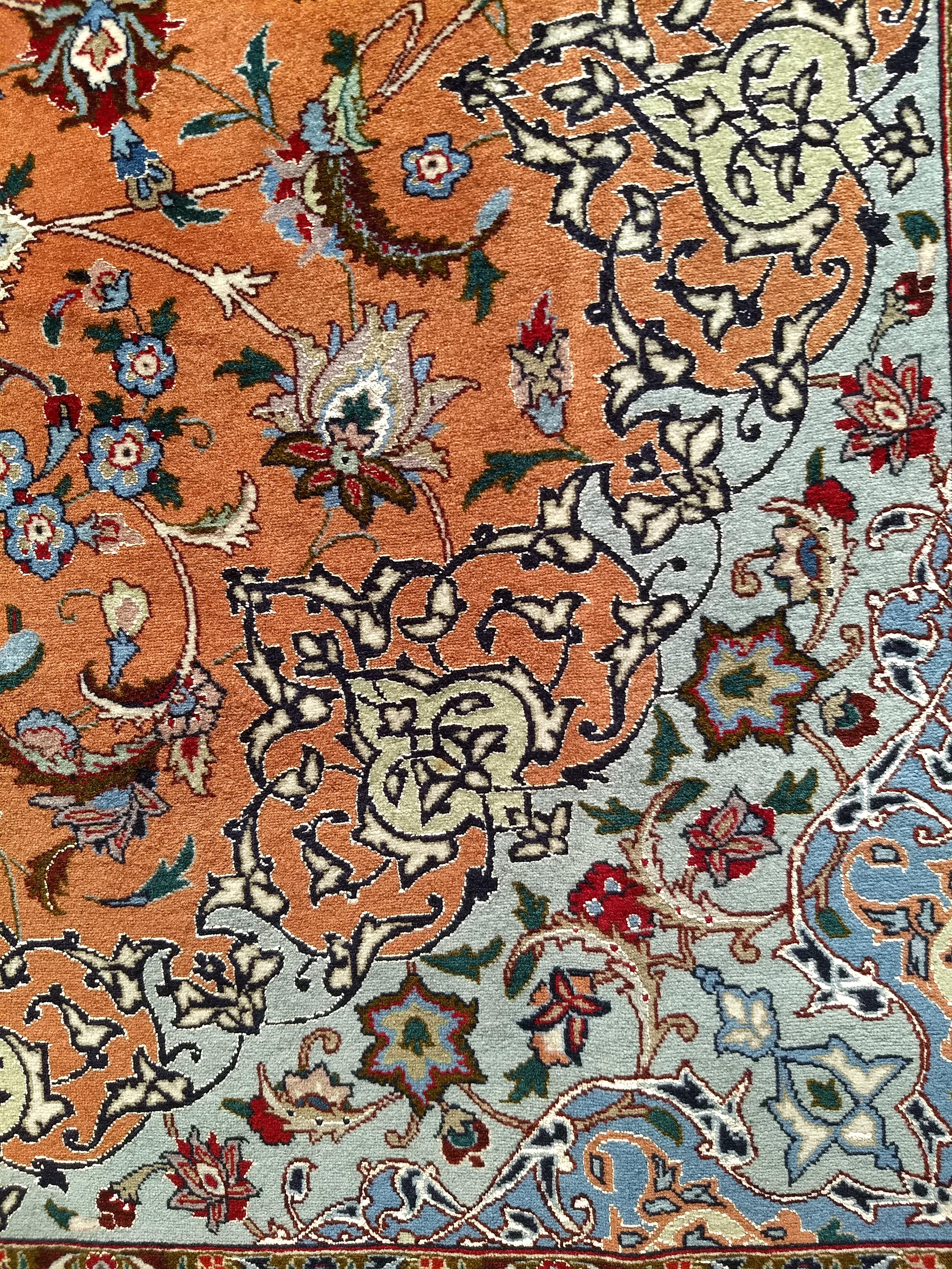 Fine Persian Tabriz in Floral Pattern with Silk  in Rust Red, Caramel, Baby Blue In Excellent Condition For Sale In Barrington, IL
