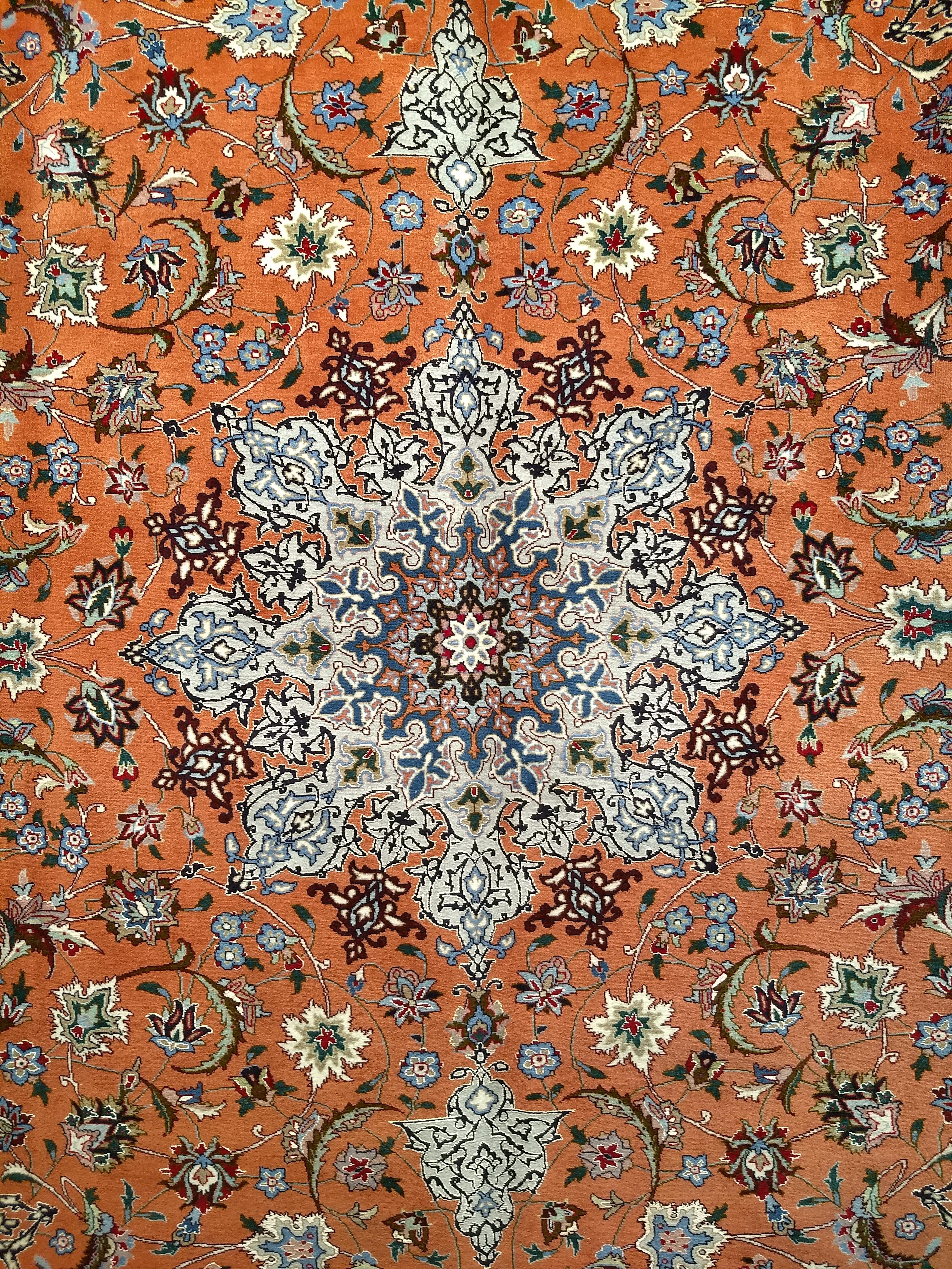 20th Century Fine Persian Tabriz in Floral Pattern with Silk  in Rust Red, Caramel, Baby Blue For Sale