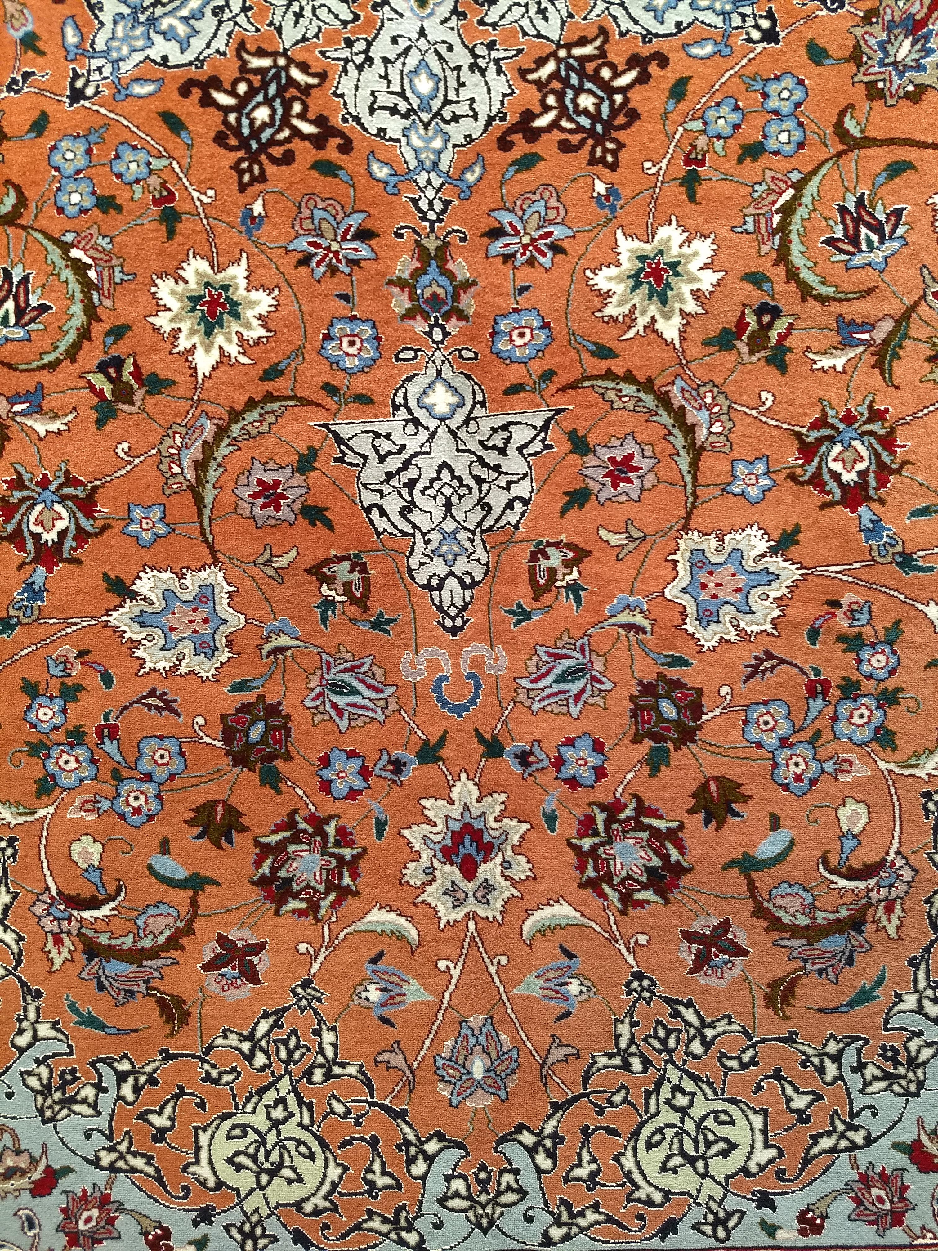 Wool Fine Persian Tabriz in Floral Pattern with Silk  in Rust Red, Caramel, Baby Blue For Sale