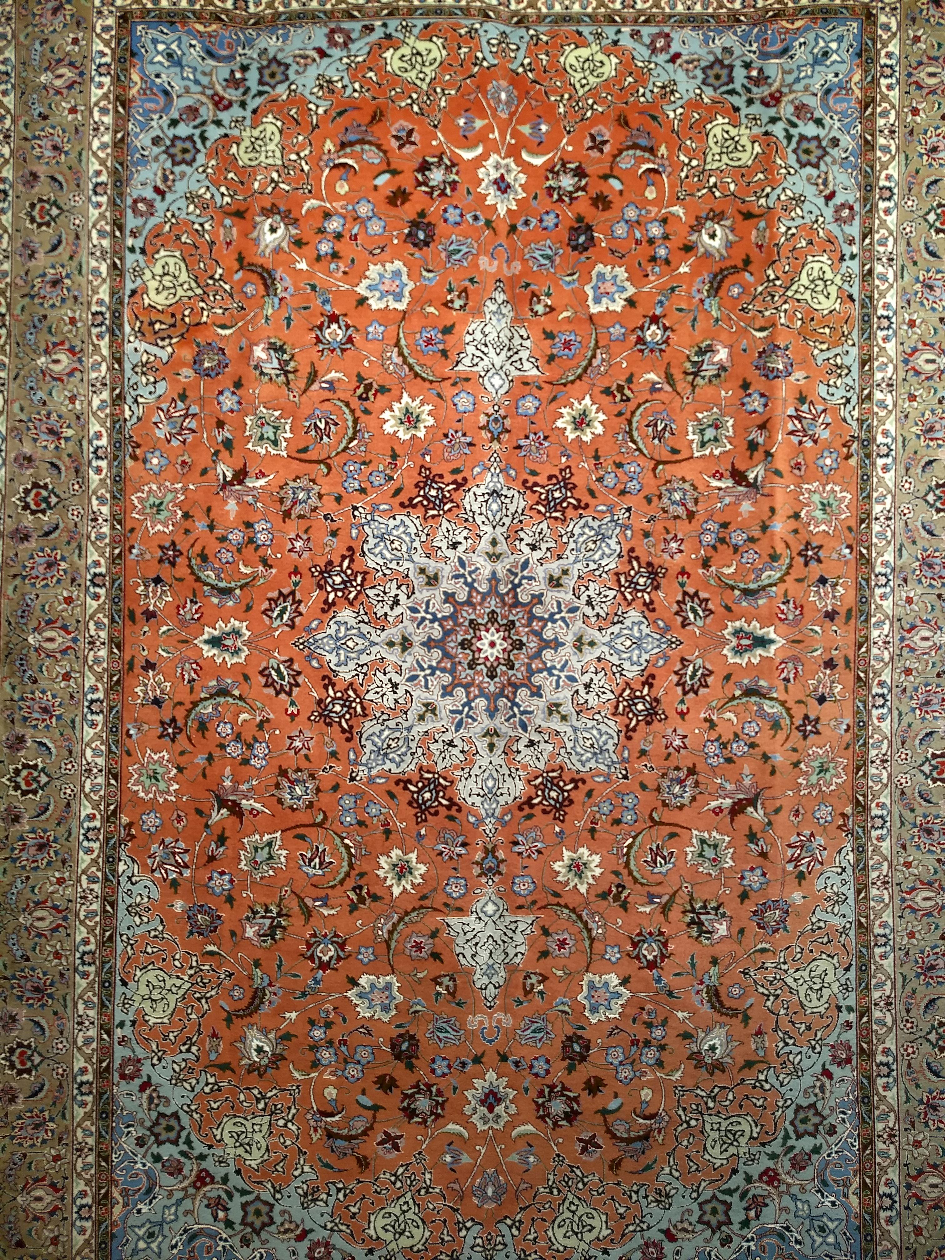 Fine Persian Tabriz in Floral Pattern with Silk  in Rust Red, Caramel, Baby Blue For Sale 1