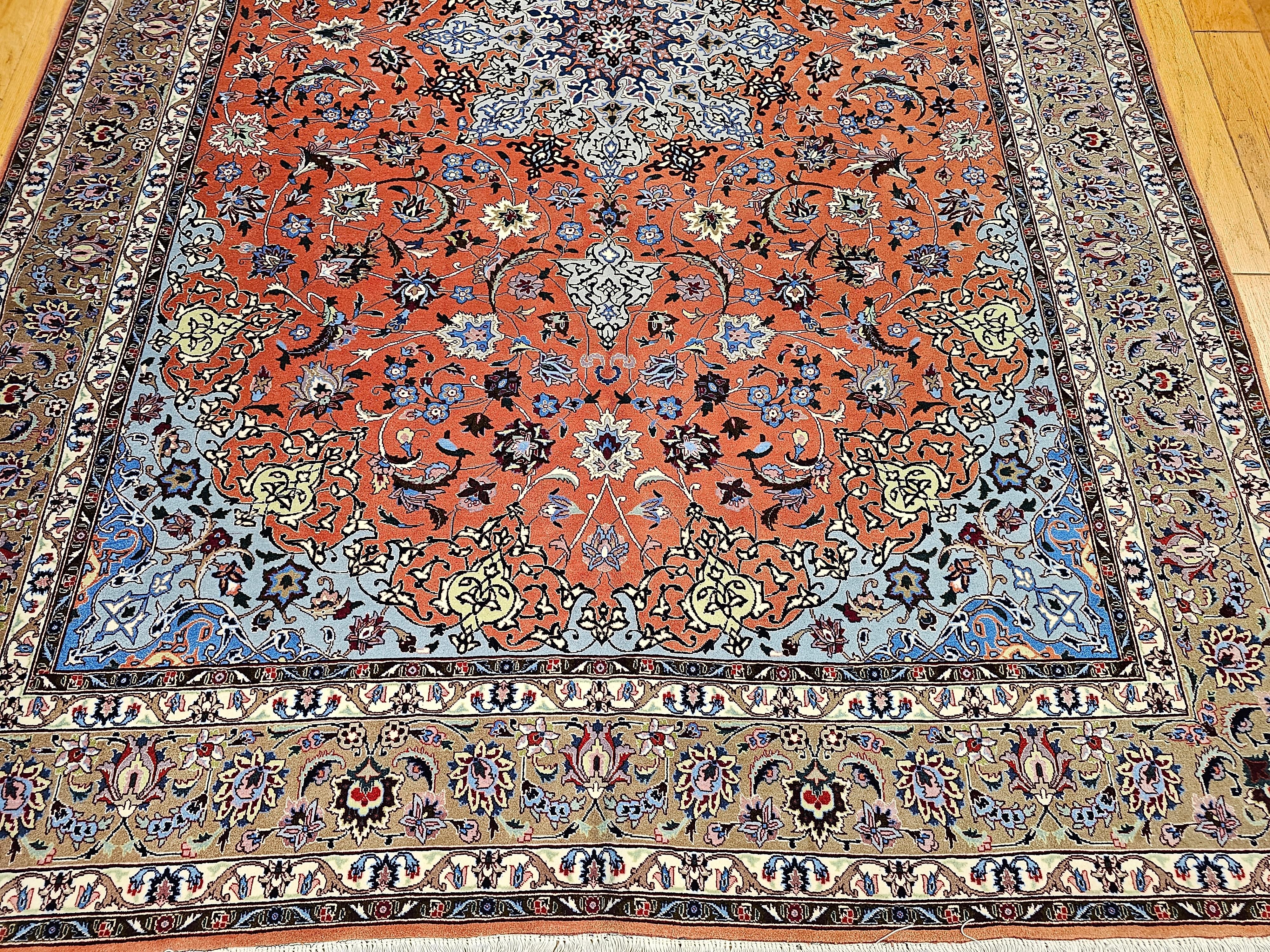 Fine Persian Tabriz in Floral Pattern with Silk  in Rust Red, Caramel, Baby Blue For Sale 2