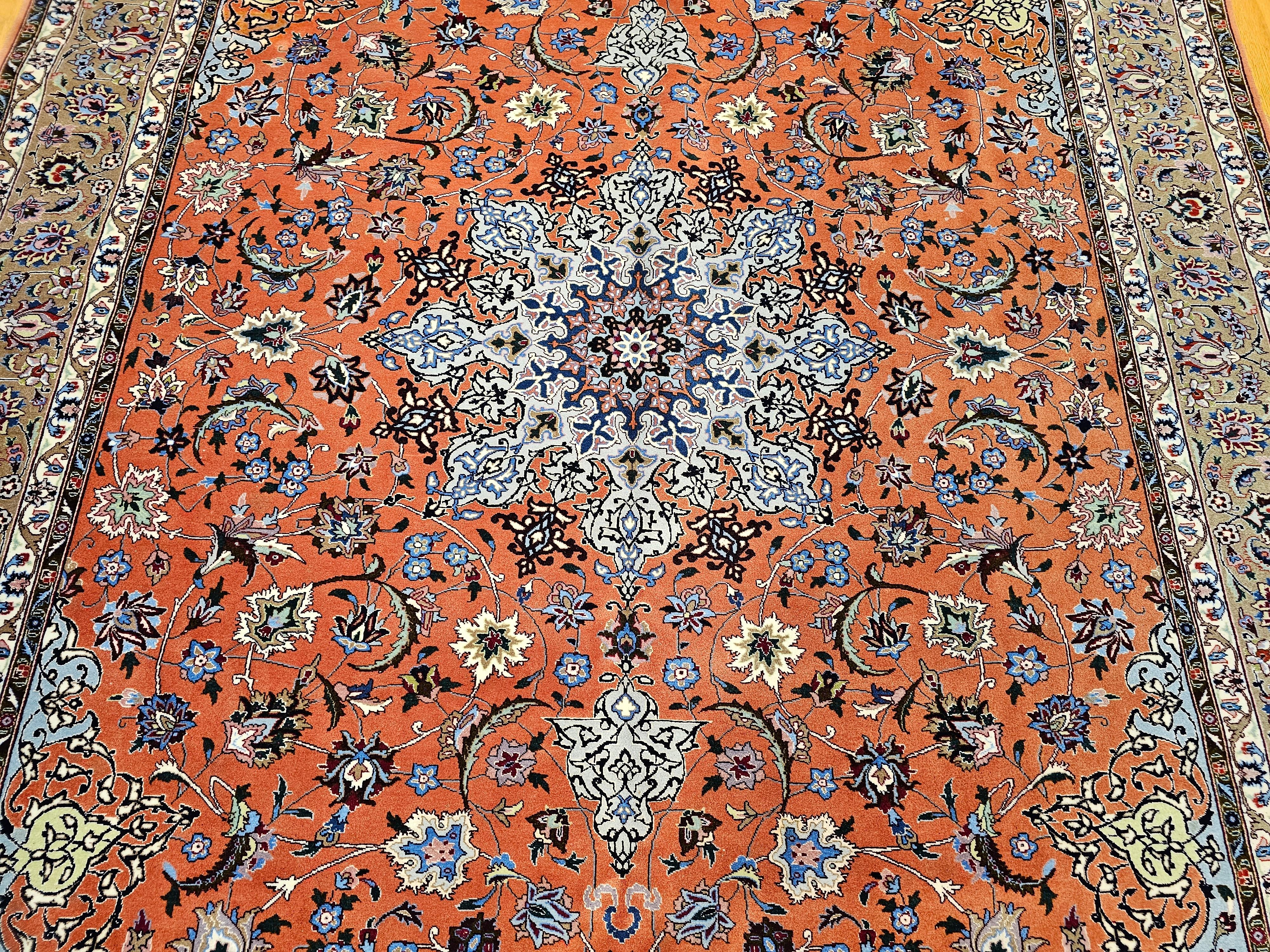 Fine Persian Tabriz in Floral Pattern with Silk  in Rust Red, Caramel, Baby Blue For Sale 3