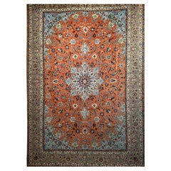 Vintage Fine Persian Tabriz in Floral Pattern with Silk  in Rust Red, Caramel, Baby Blue