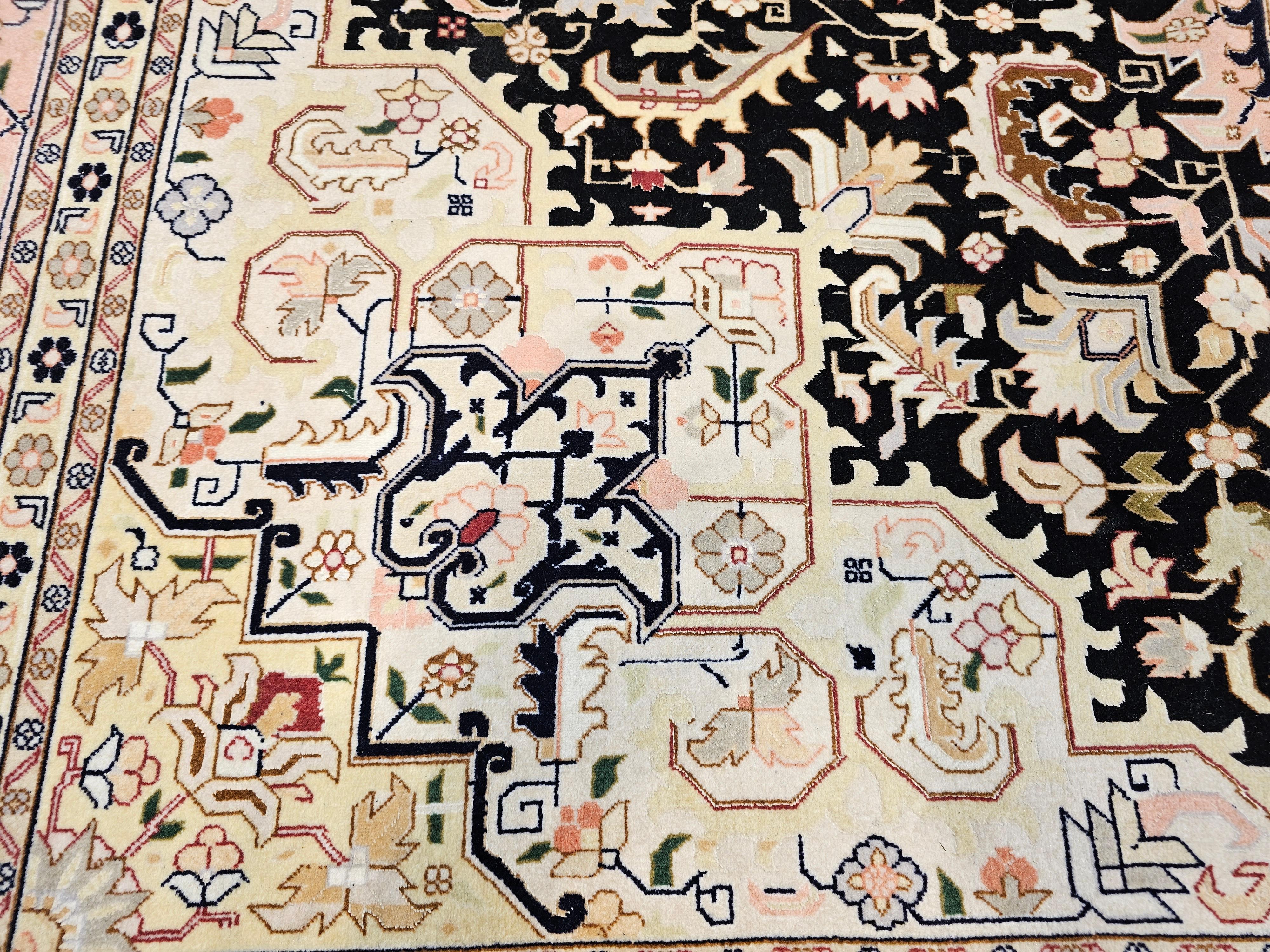 Fine Persian Tabriz in Geometric Heriz Pattern in Black, Pink, Ivory, Yellow For Sale 4