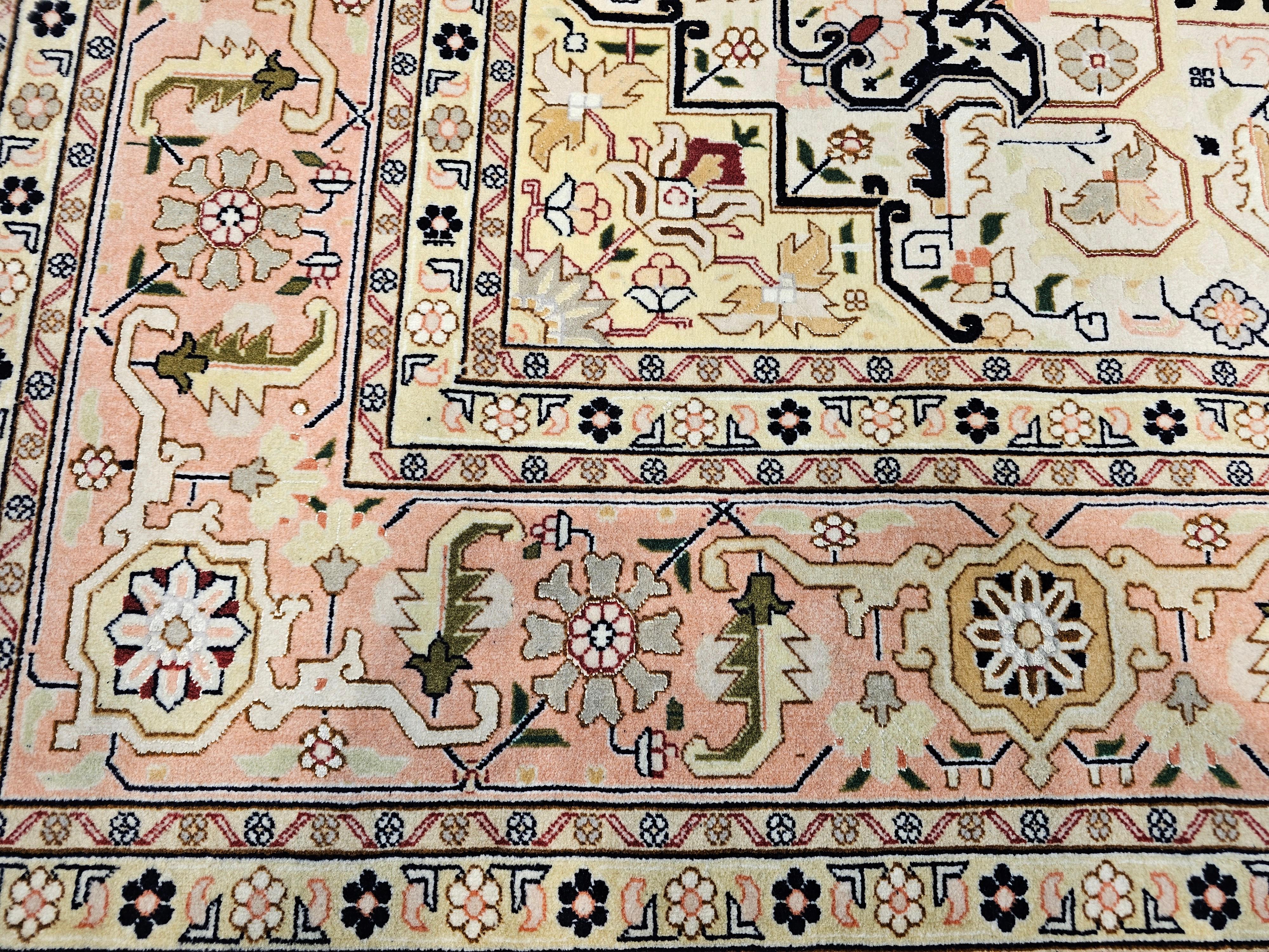 Fine Persian Tabriz in Geometric Heriz Pattern in Black, Pink, Ivory, Yellow For Sale 5