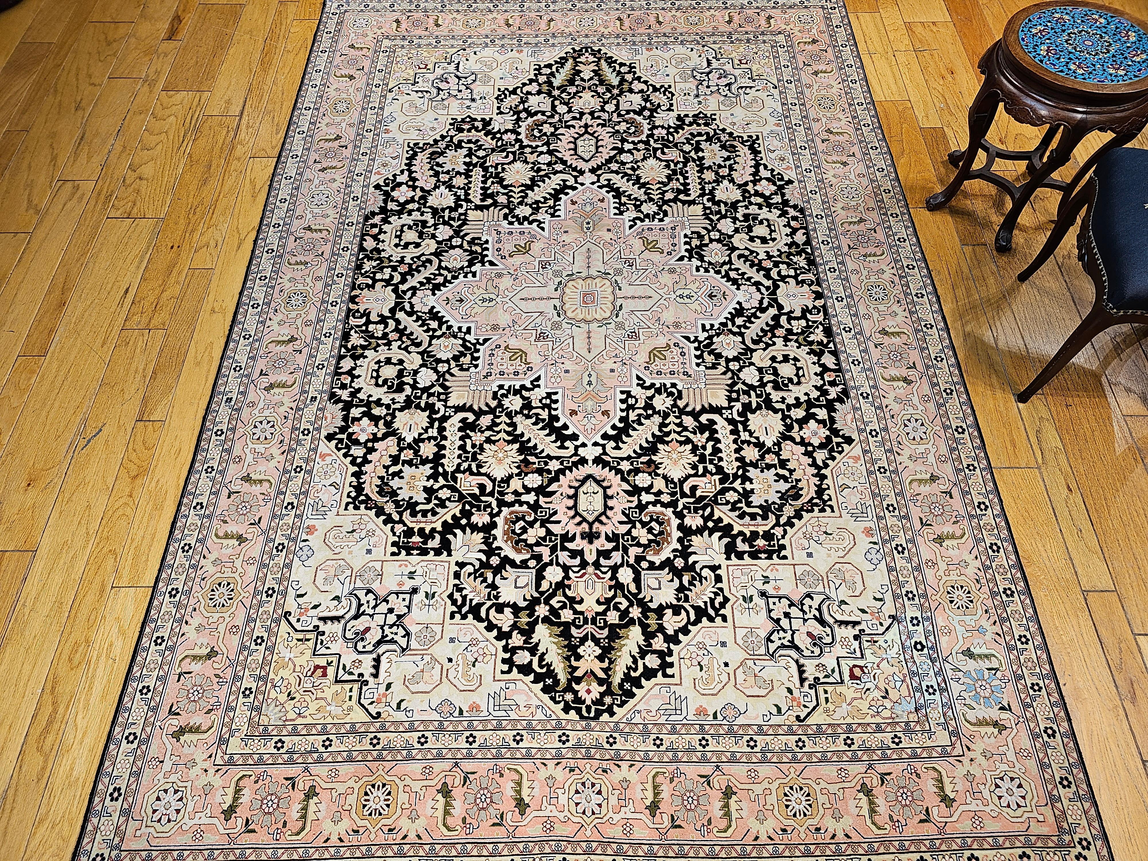 Fine Persian Tabriz in Geometric Heriz Pattern in Black, Pink, Ivory, Yellow For Sale 6