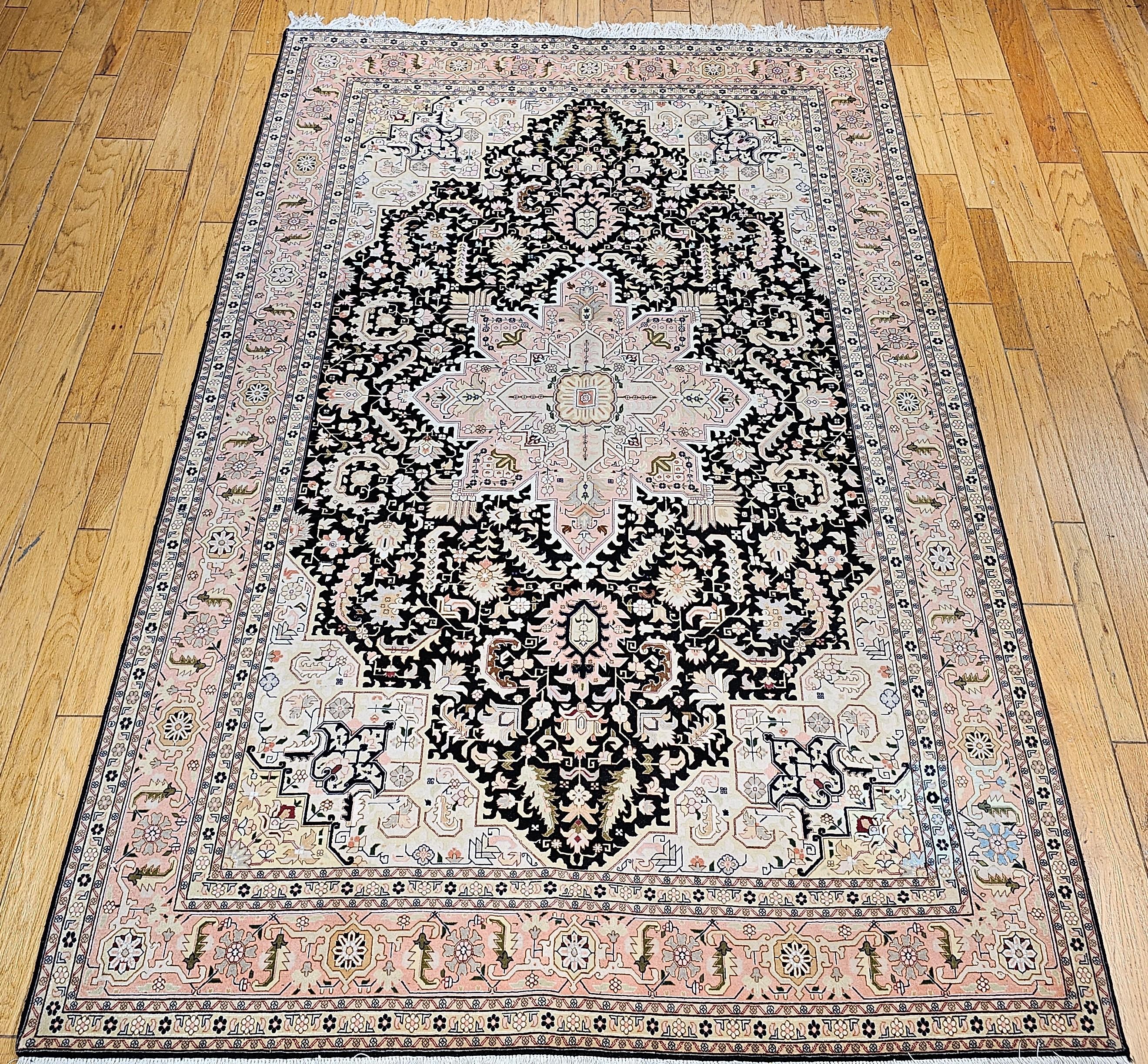 Fine Persian Tabriz in Geometric Heriz Pattern in Black, Pink, Ivory, Yellow For Sale 10