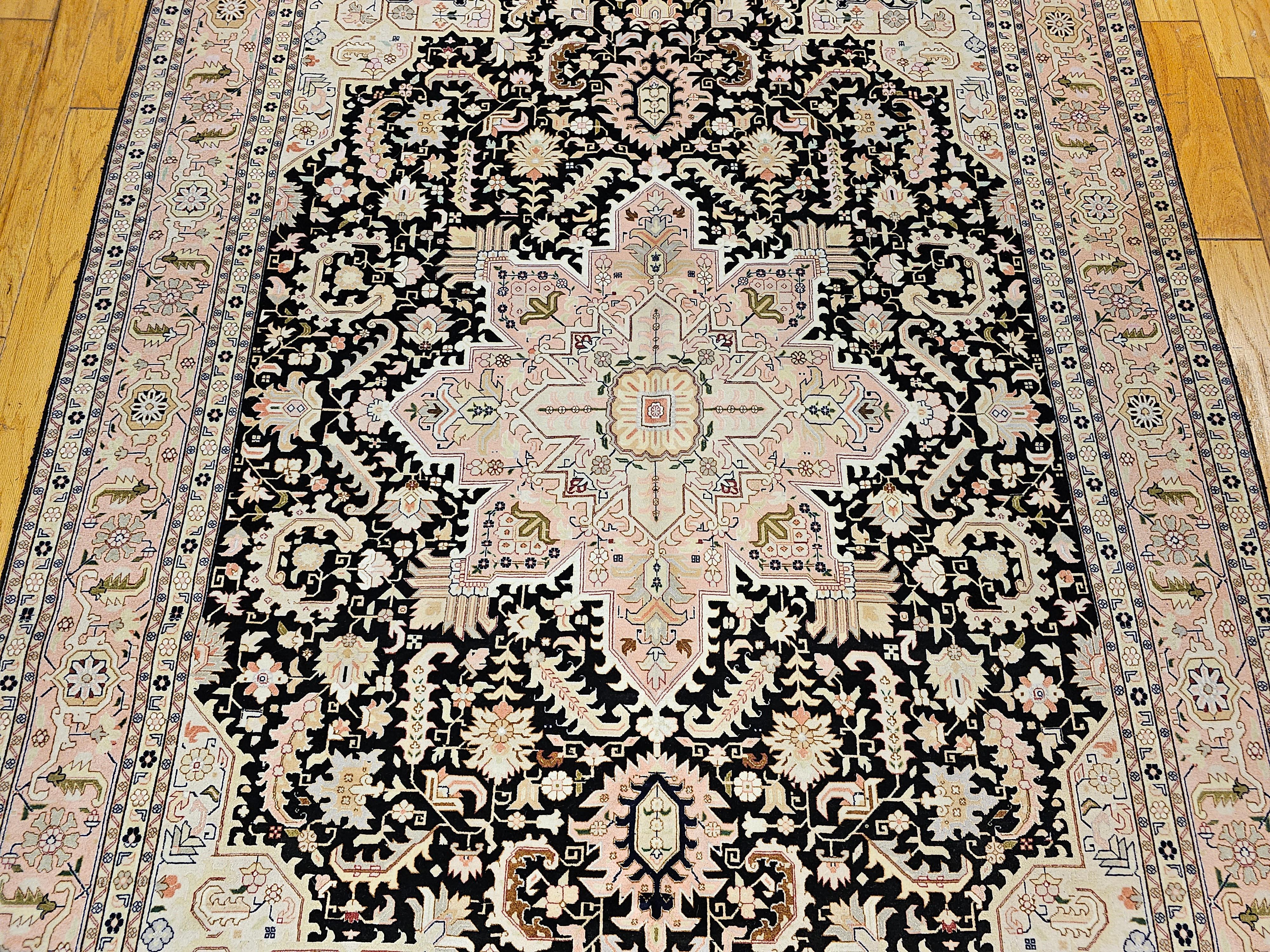 Fine Persian Tabriz in Geometric Heriz Pattern in Black, Pink, Ivory, Yellow In Excellent Condition For Sale In Barrington, IL