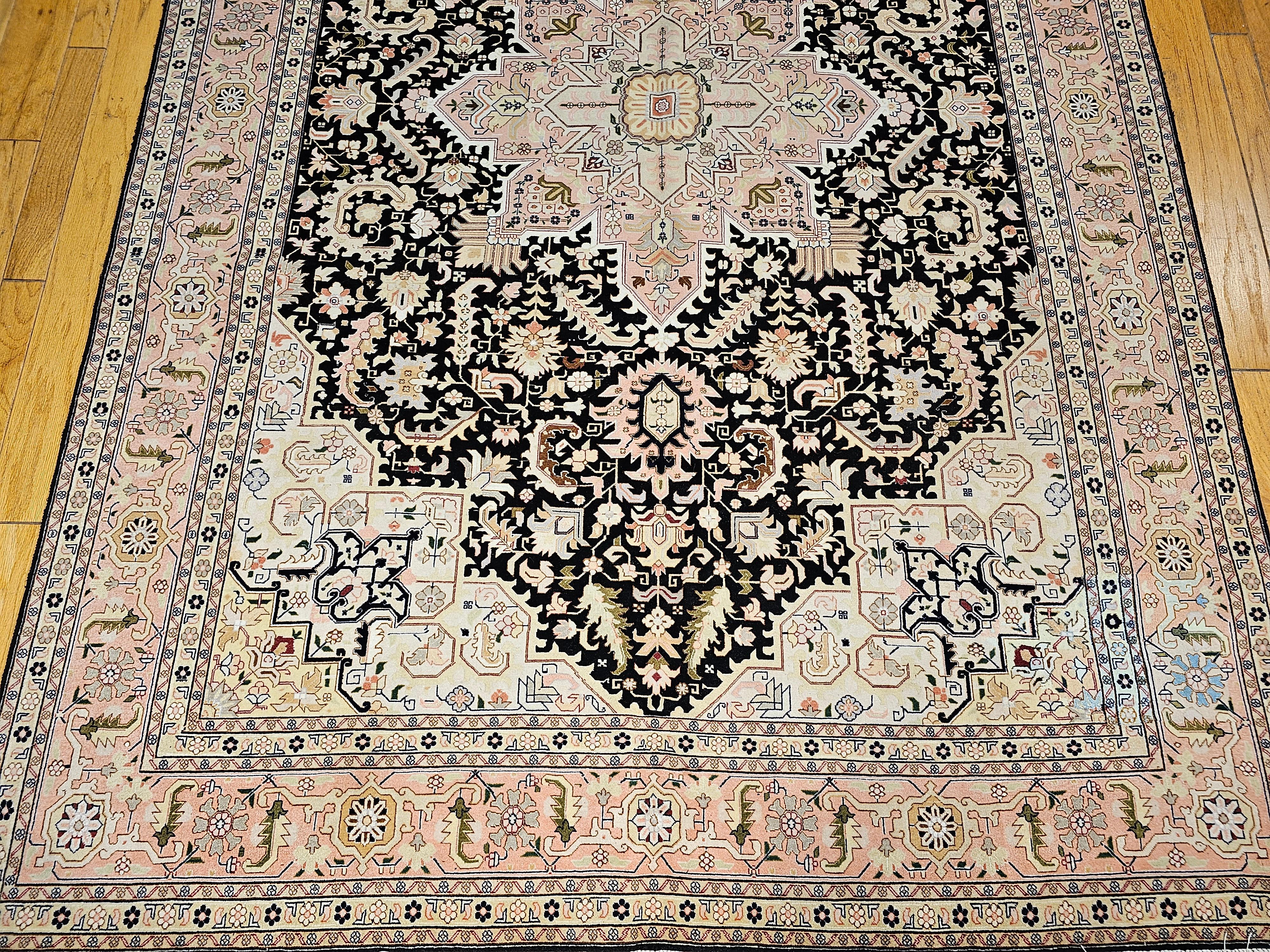 20th Century Fine Persian Tabriz in Geometric Heriz Pattern in Black, Pink, Ivory, Yellow For Sale