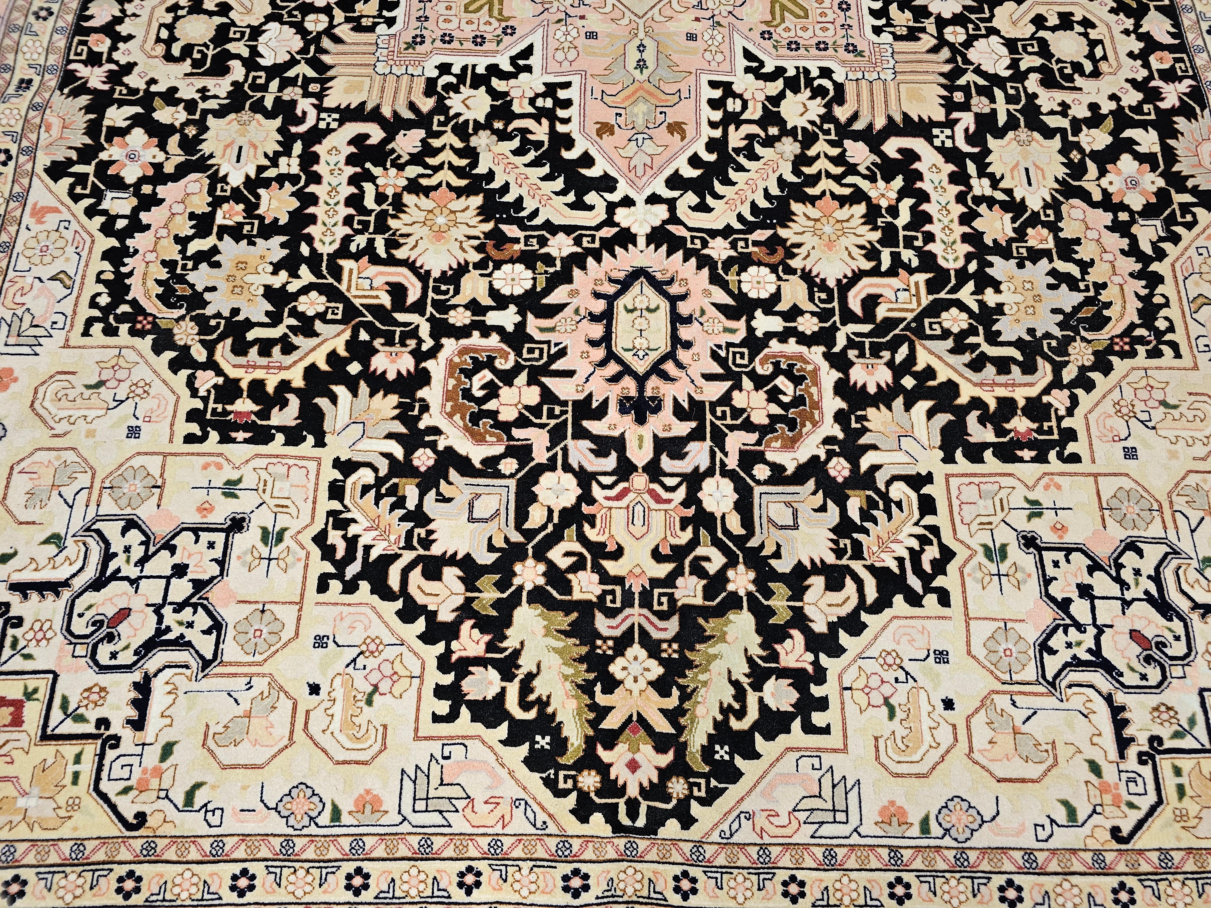Wool Fine Persian Tabriz in Geometric Heriz Pattern in Black, Pink, Ivory, Yellow For Sale