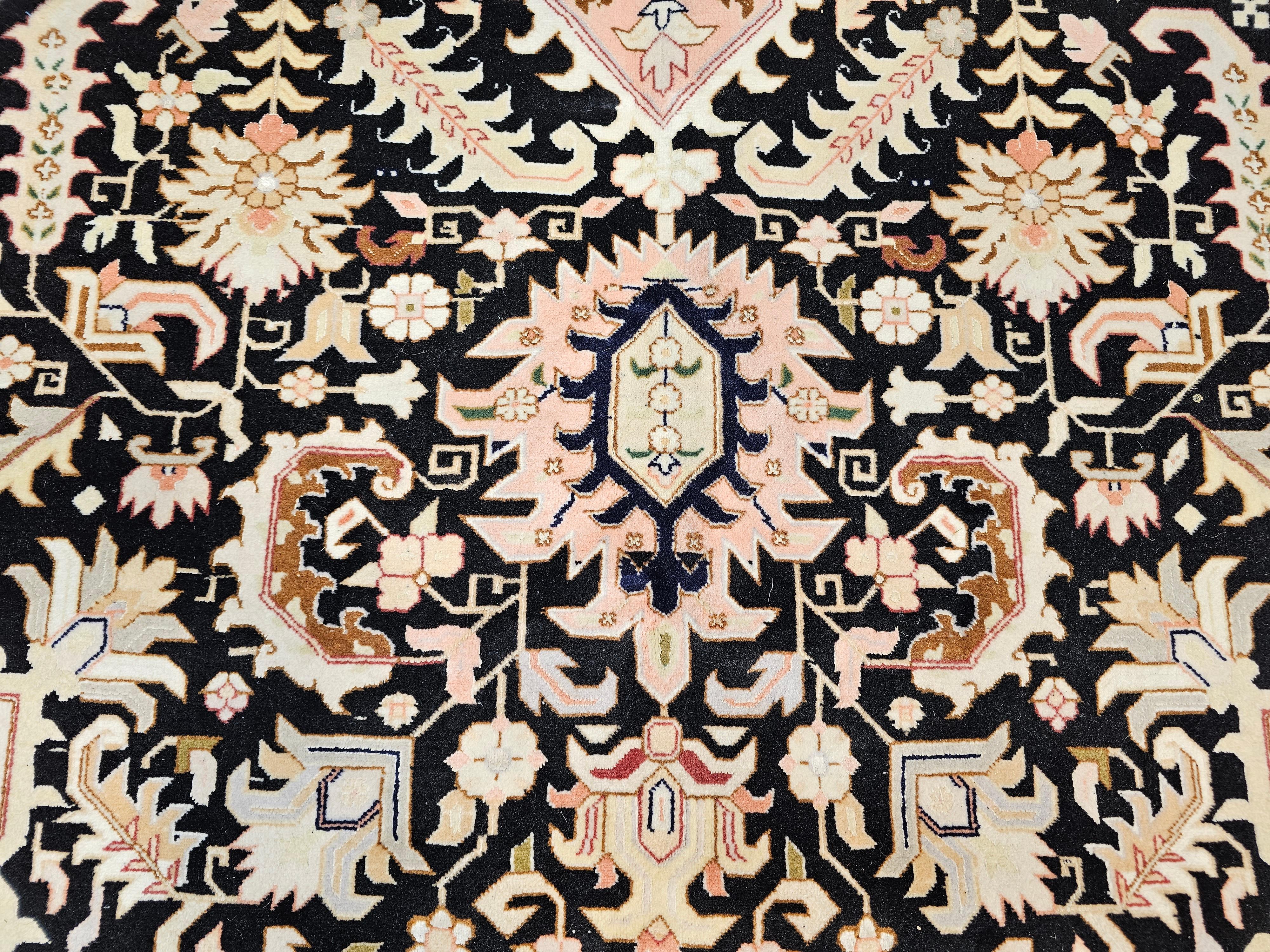 Fine Persian Tabriz in Geometric Heriz Pattern in Black, Pink, Ivory, Yellow For Sale 1