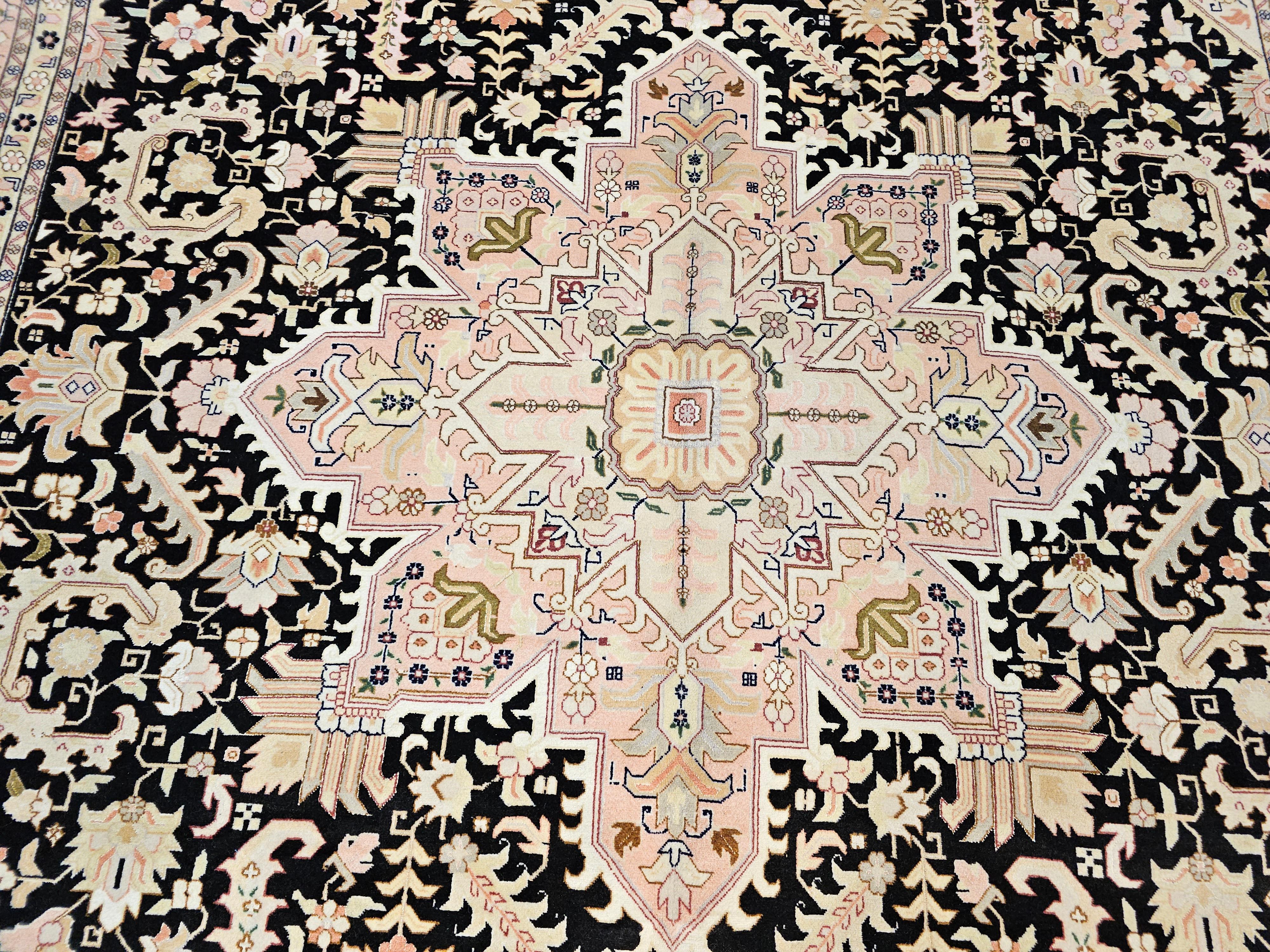 Fine Persian Tabriz in Geometric Heriz Pattern in Black, Pink, Ivory, Yellow For Sale 2