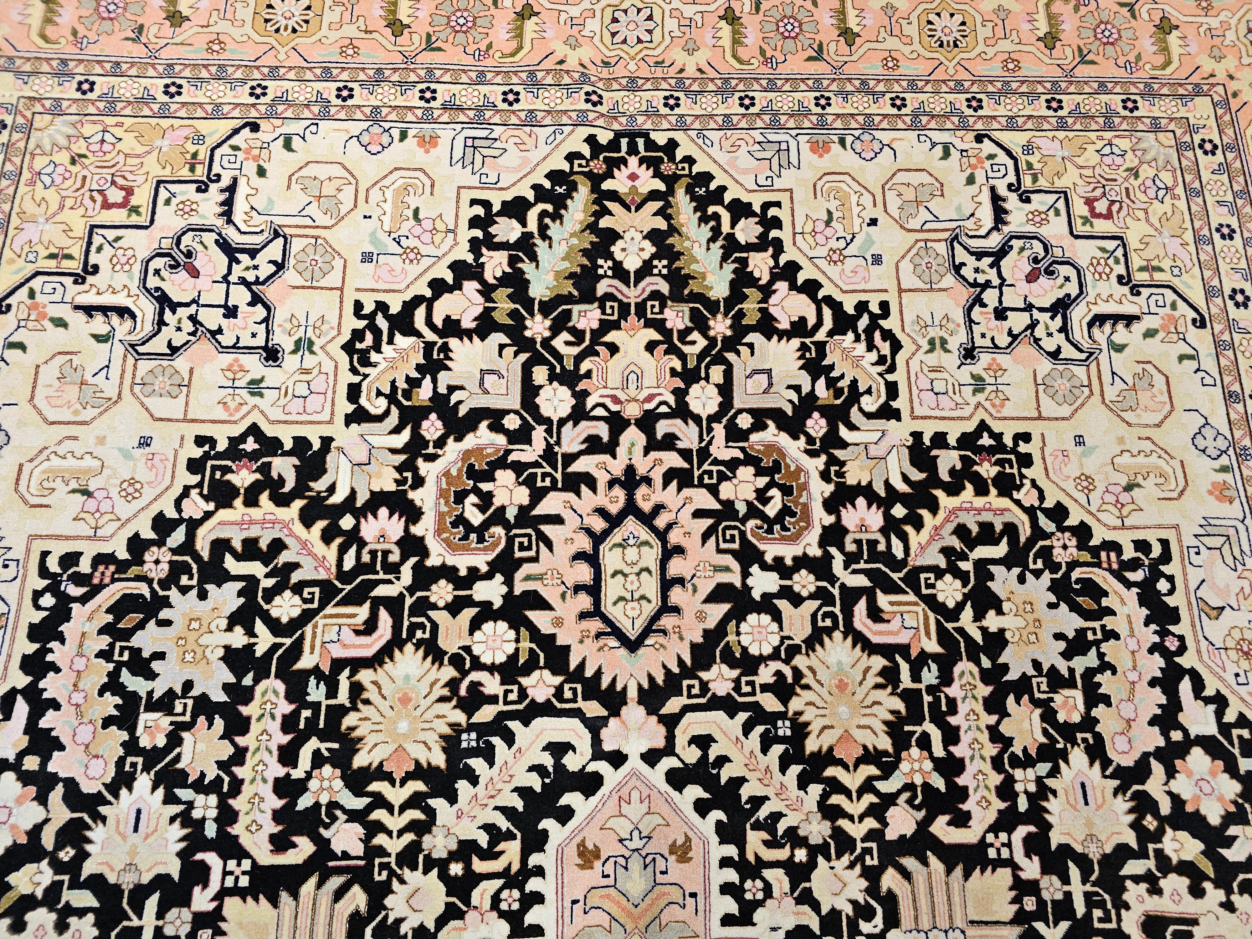 Fine Persian Tabriz in Geometric Heriz Pattern in Black, Pink, Ivory, Yellow For Sale 3